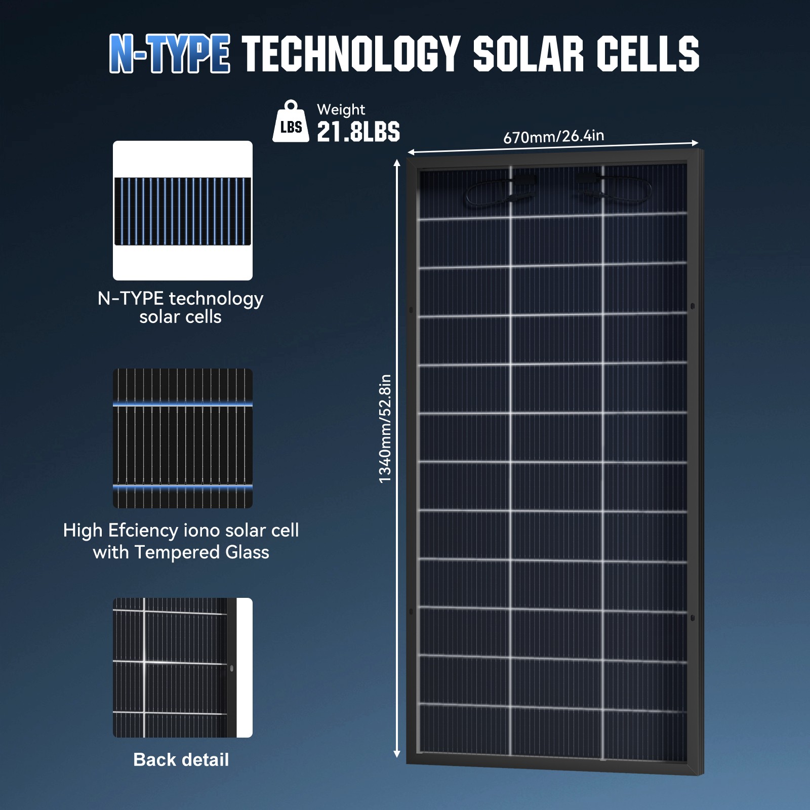 200W 1200W Bifacial N-type Solar Panel 12V Mono 18BB High-Efficiency PV Off-Grid