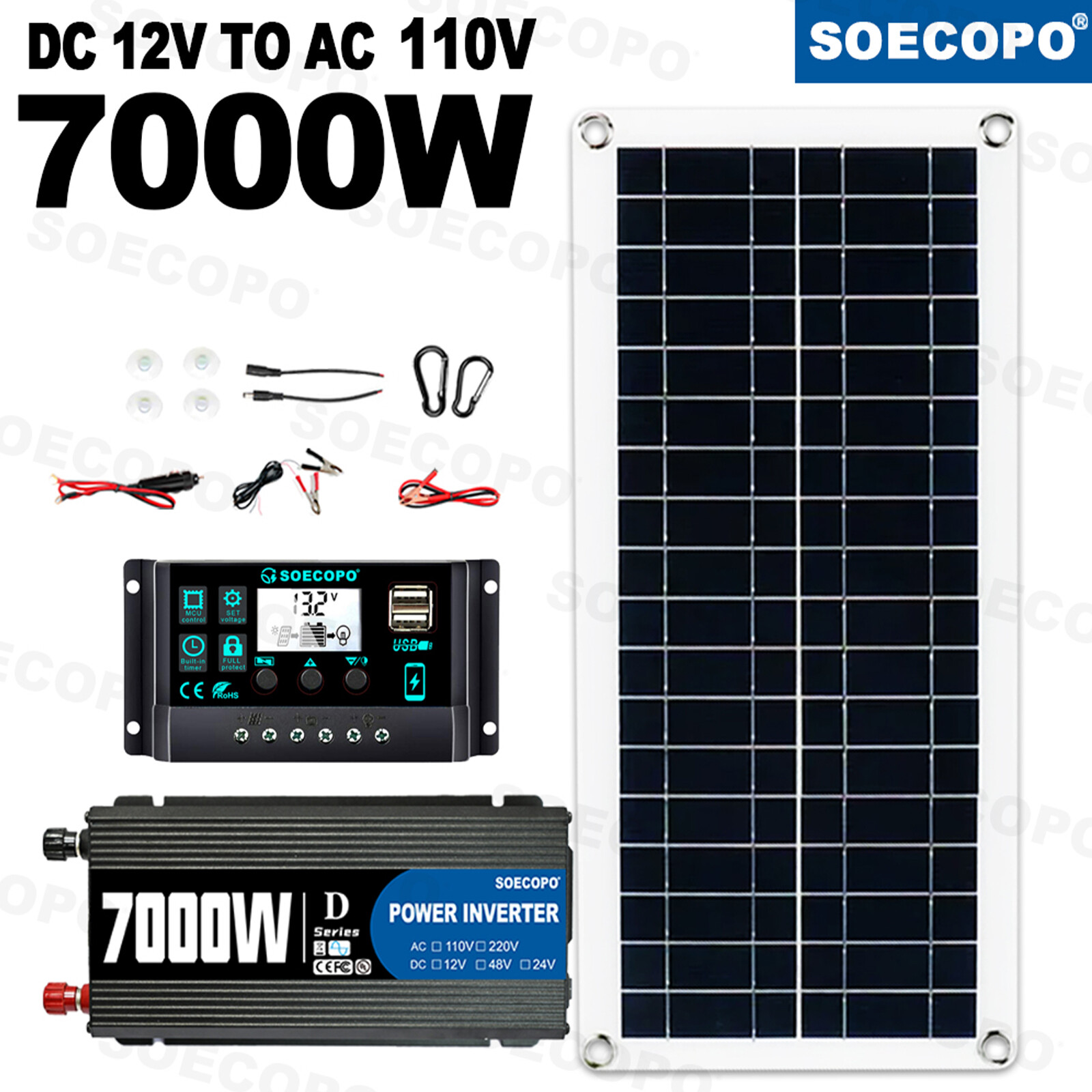 7000W Complete Solar Panel Kit Solar Power Generator 100A 110V/220V Home System