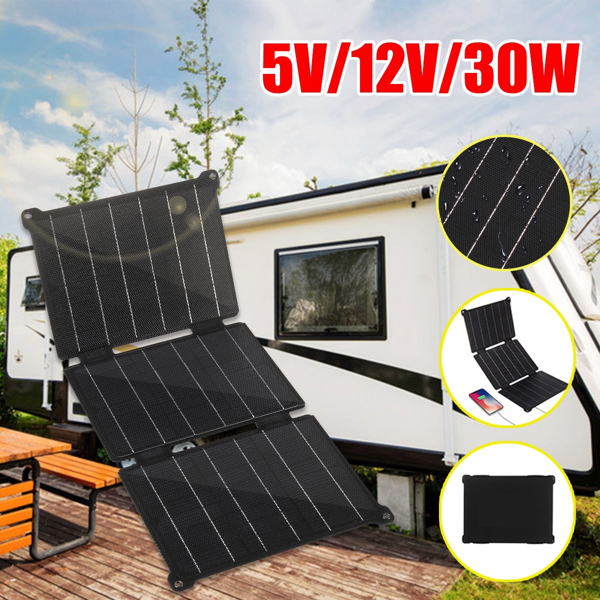 5V/12V 30W Folding Solar Mat Blanket Flexible Solar Panel Kit Camp Charge Power