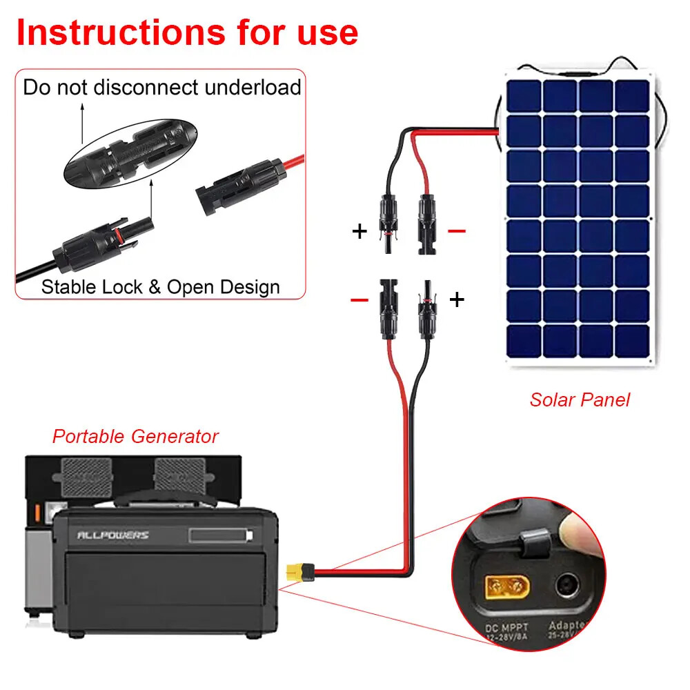 10ft 12 AWG XT60 Female to Solar Connector Solar Panel Extension Charging Cable