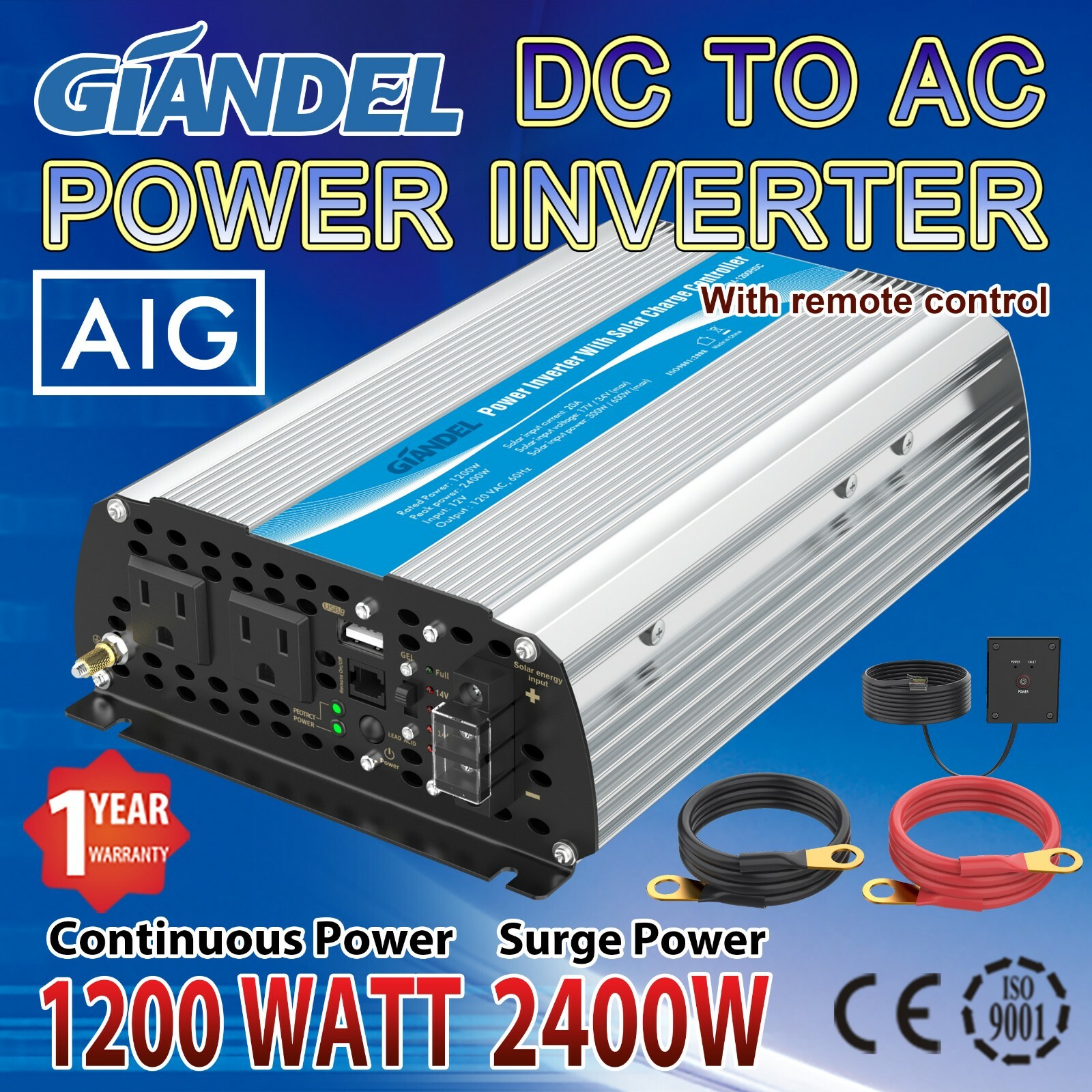 Power Inverter Modified Sine Wave 1200W 12V DC to 110V~120V AC 20A Solar Energy