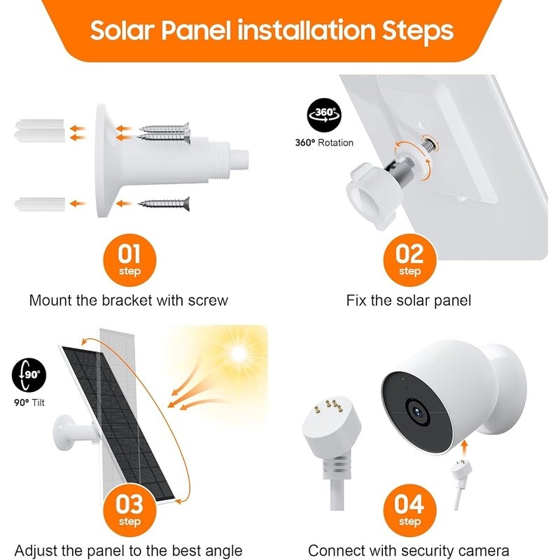 Efficient Solar Panel Charger Google Nest Camera 360° Mount Waterproof System US