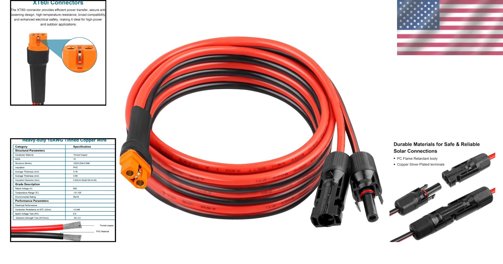 10FT XT60i Solar Panel Adapter Cable – 10AWG Tinned Copper for Power Stations