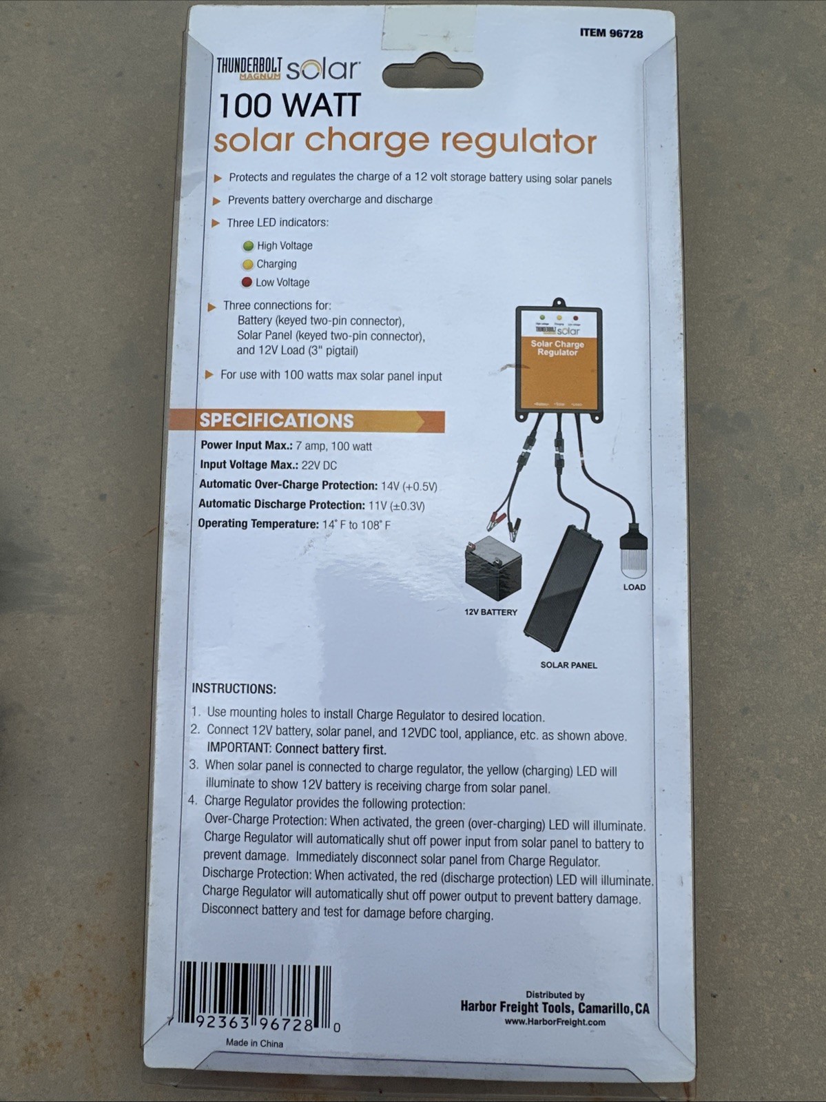 Thunderbolt Magnum Solar 100 Watt Solar Charge Regulator 96728 7A Panel Input