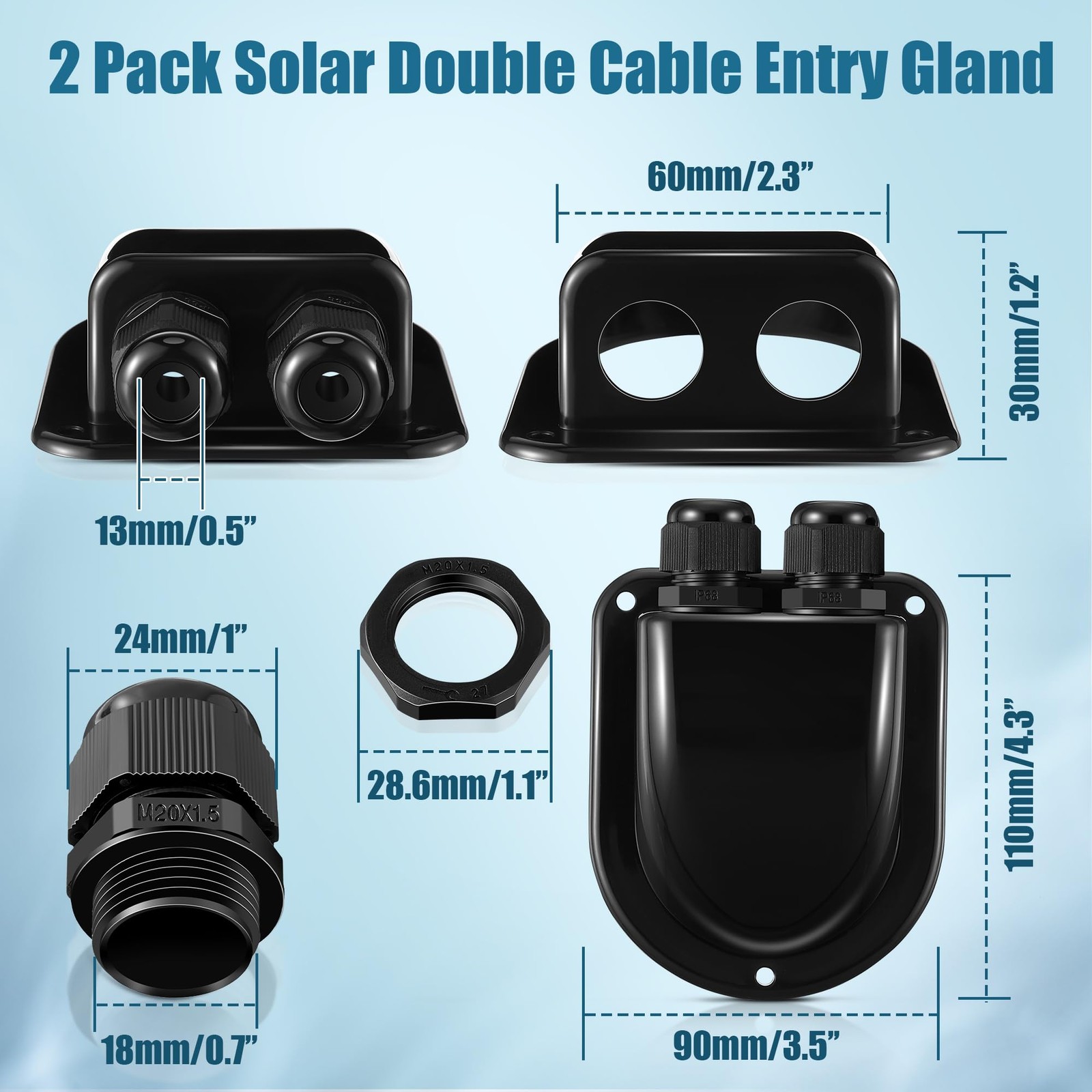 2 Pack Solar Cable Entry Gland, Weather Resistant Solar Gland, Dual Cable Ent…