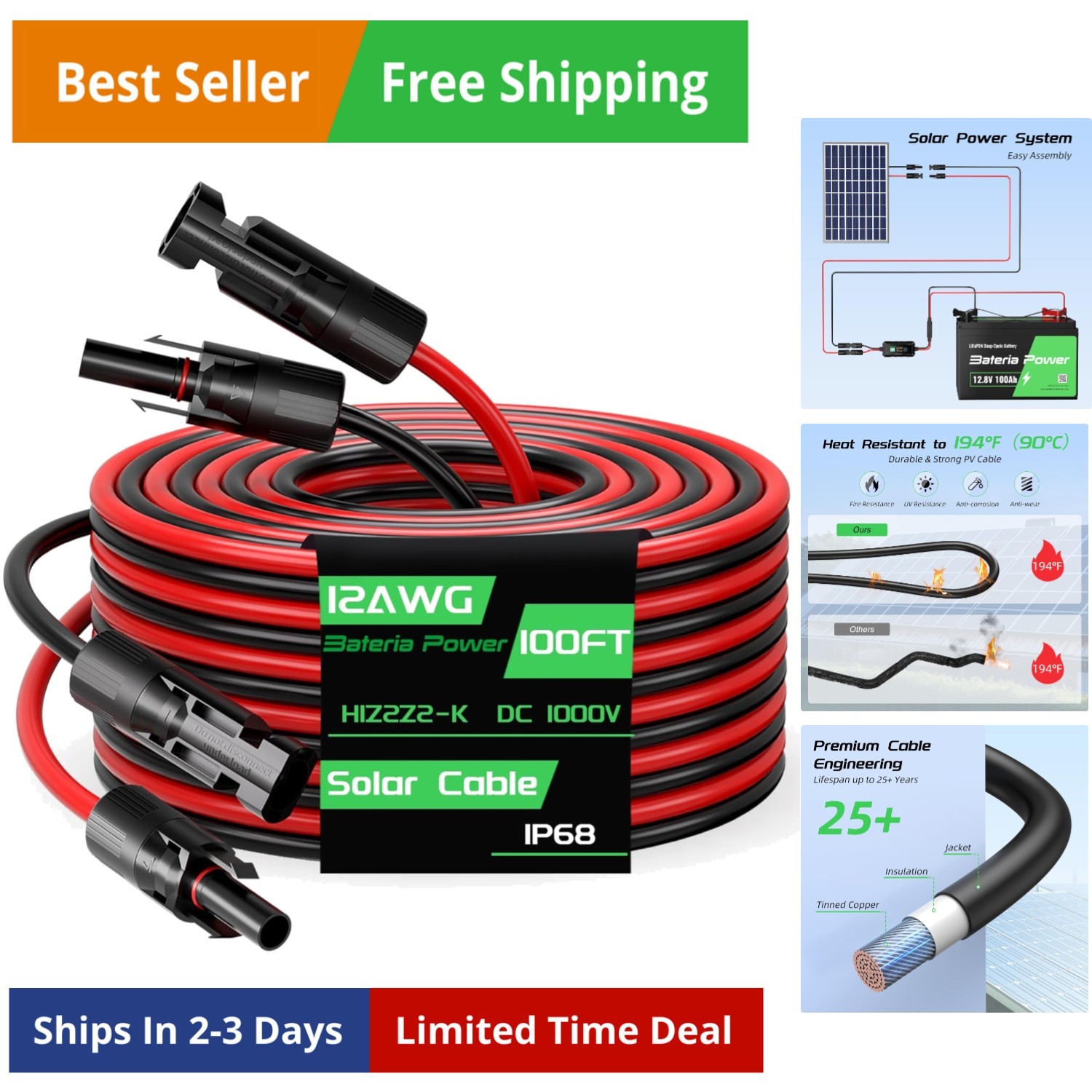 100FT 12AWG Solar Panel Extension Cable, 12 Gauge 4mm² PV Wire with Female & …