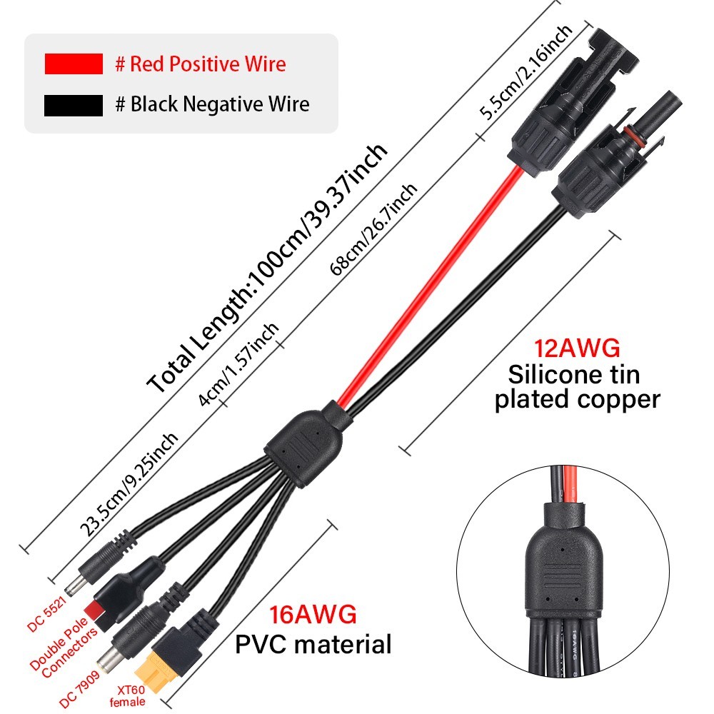 4-in-1 Solar Connector Extension Cable Splitter Solar Adapter to XT60（3ft）