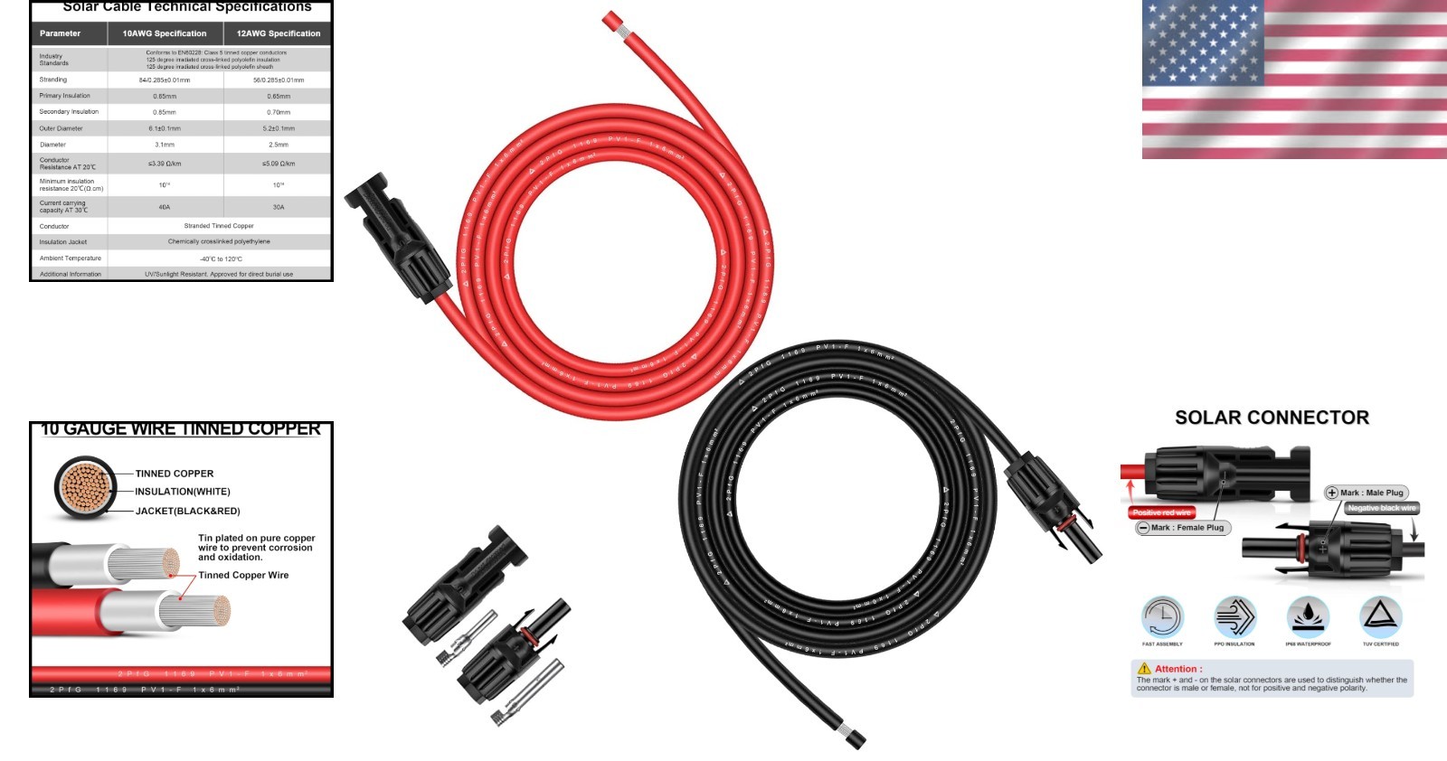 10FT Solar Panel Extension Cable 10AWG – Male/Female Connectors, Waterproof