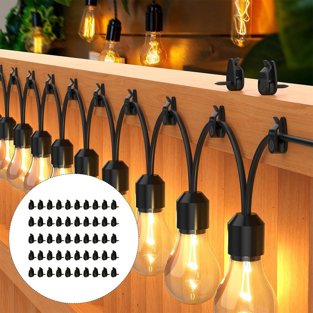 50 Black Outdoor Fairy Lights Clips with Screws for Hanging String Lights