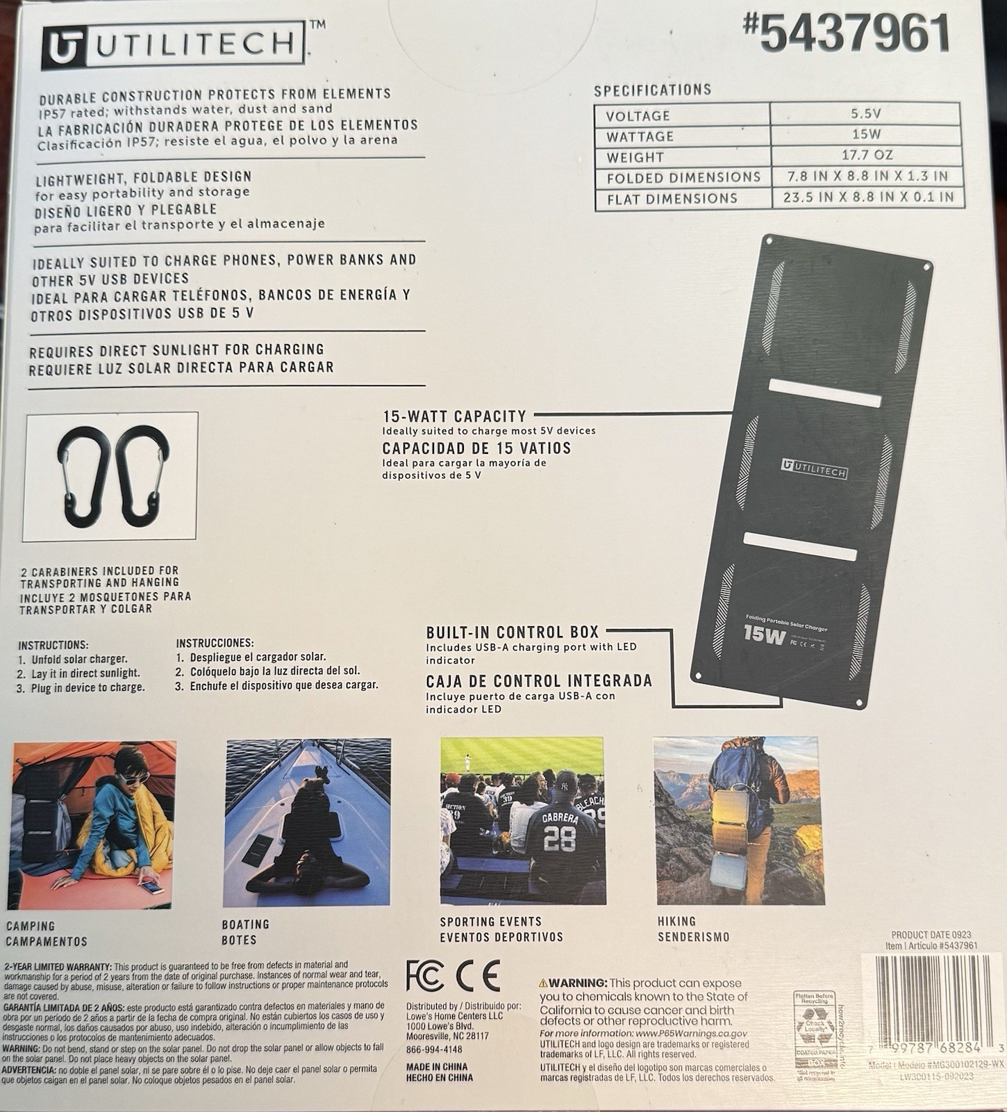 UTILITECH 15W Folding Portable Solar Charger (charges devices while in the sun)