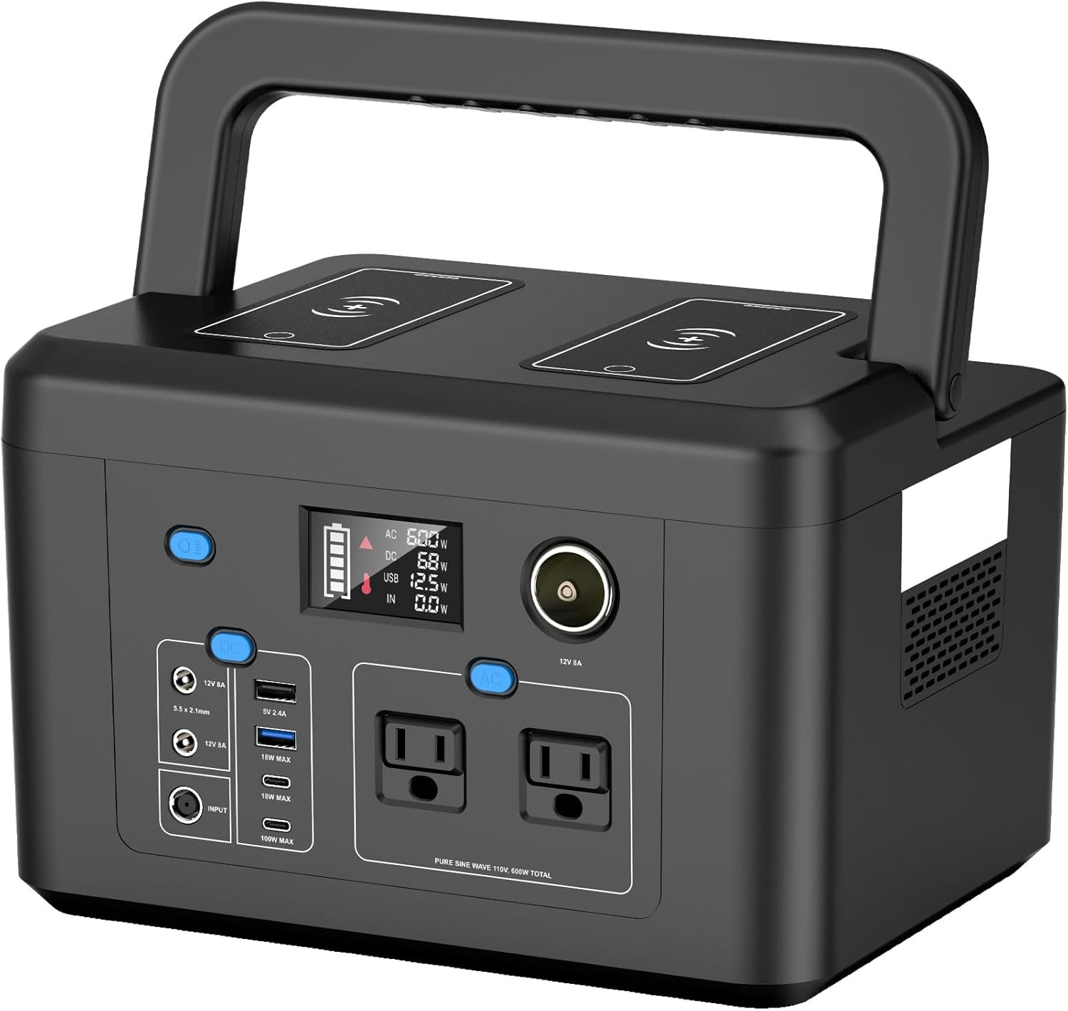Portable Power Station 600W, 296Wh Battery Backup with 2 Pure Sine Wave AC Outl