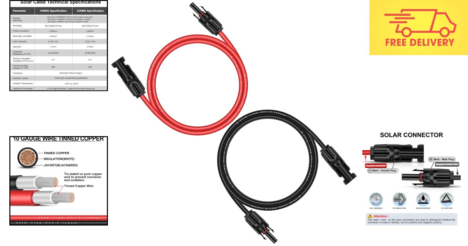 Copper Solar Extension Cable 10AWG 6ft – Male-Female Connectors, 10,000W Support