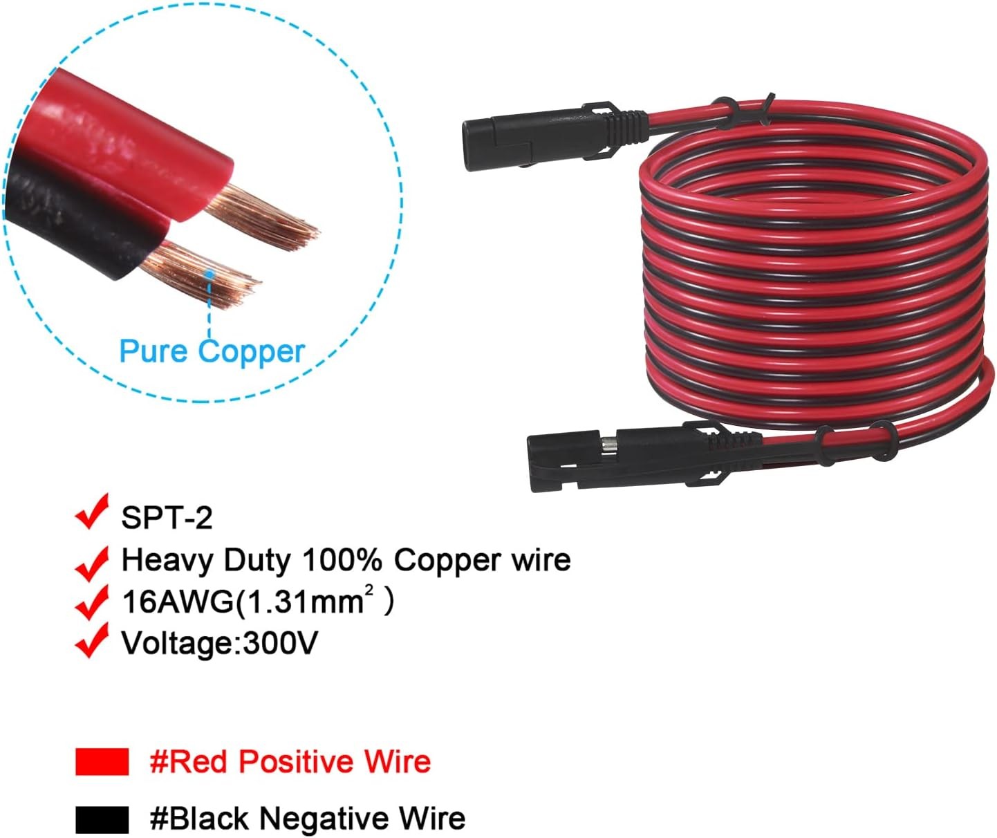 SAE to Extension Cable 16AWG – 20FT Battery Charger 20FT, Black