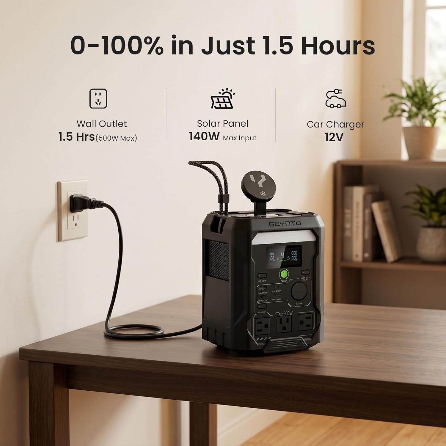 Portable Power Station 256Wh LiFePO4 Battery 300W AC Outlets Wireless Charging