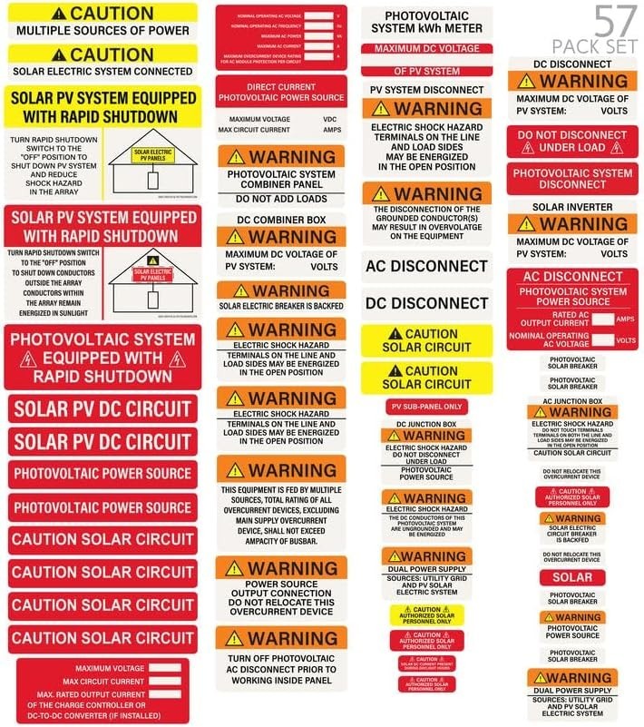 57-Piece Photovoltaic Solar Label Kit – NEC Compliant & Weatherproof Safety Set