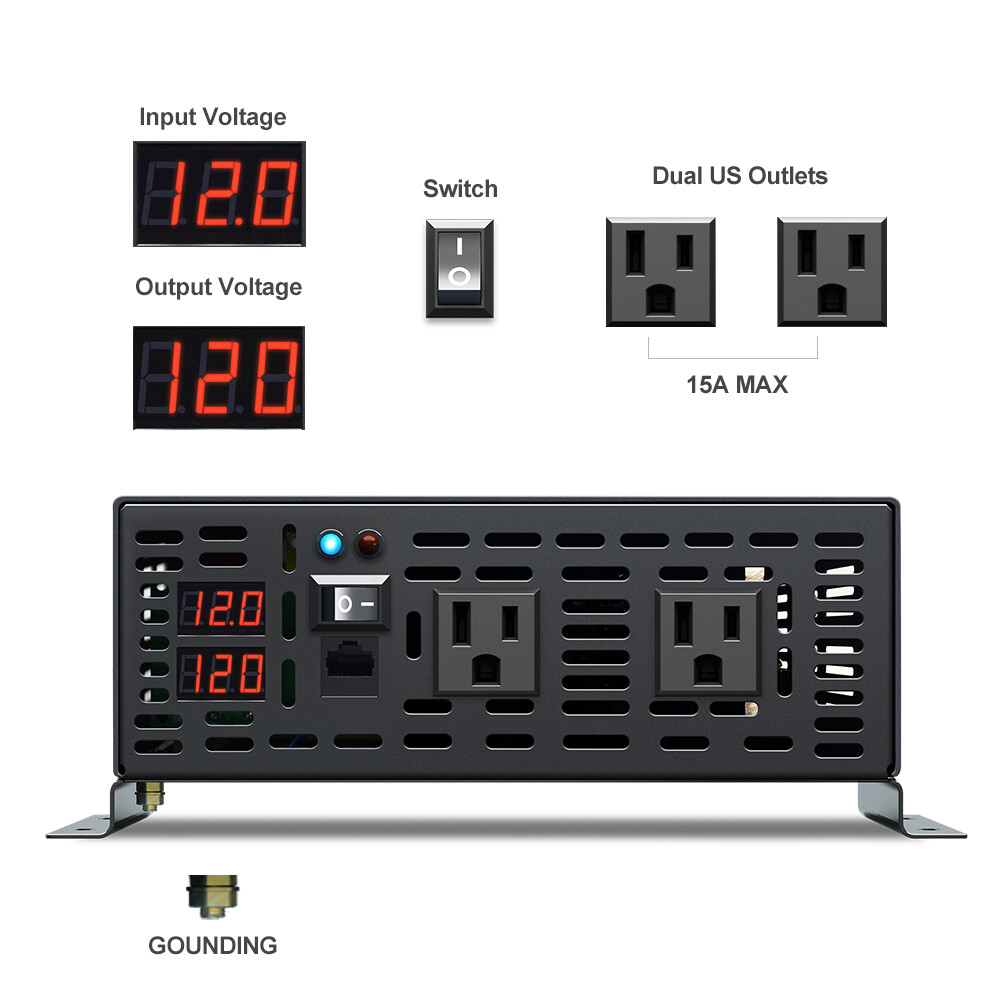 Pure Sine Wave Inverter Power Converter 1500W 12V DC to AC 120V Car Solar Remote