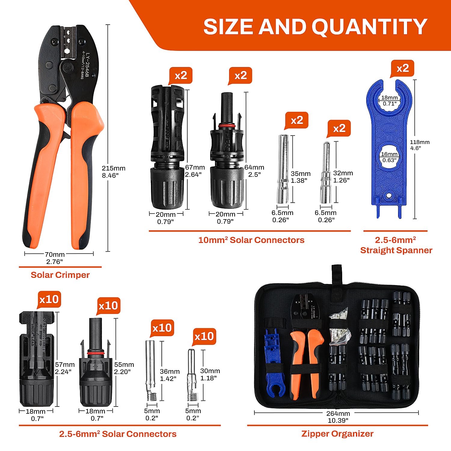 Solar Crimper Tool Kit for AWG8-12 Cable -23 PCS Solar Panel Connectors Kit with
