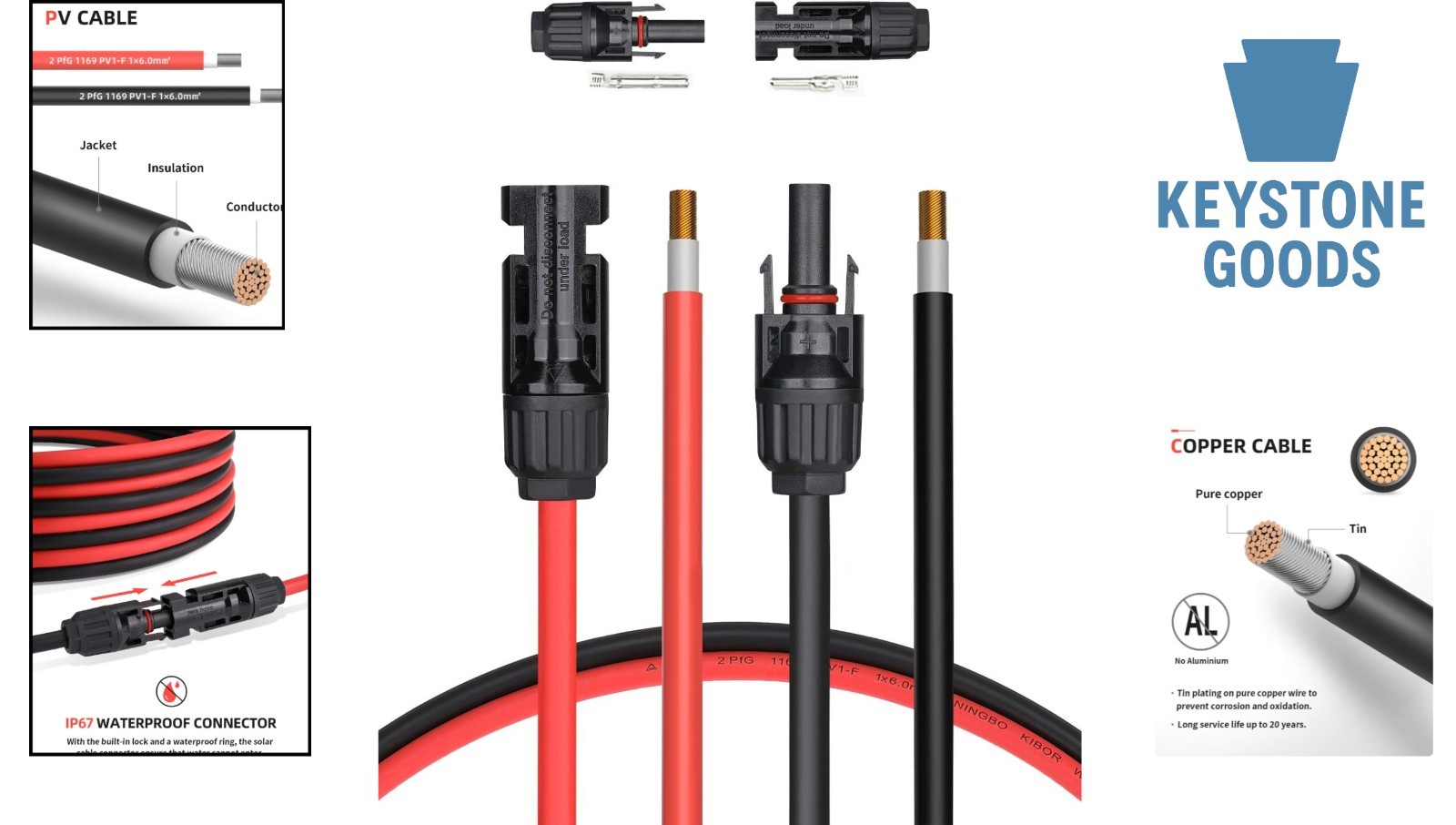 6ft 10AWG Solar Extension Cable with Male & Female Connectors – Pure Copper, …