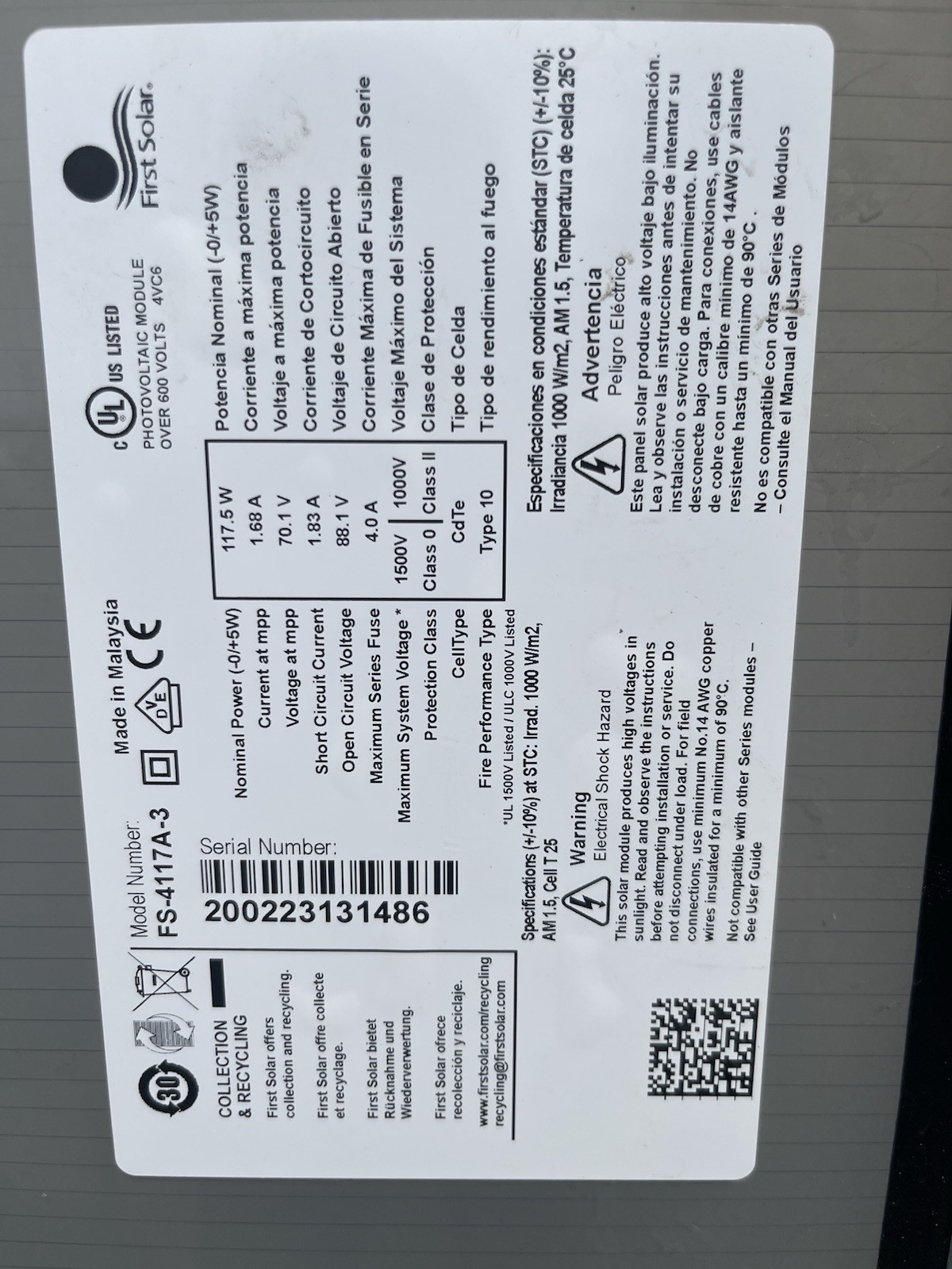 First Solar Series 4 FS-4117A-3 Thin-Film Panel 117.5W 70.1V MC4 Black