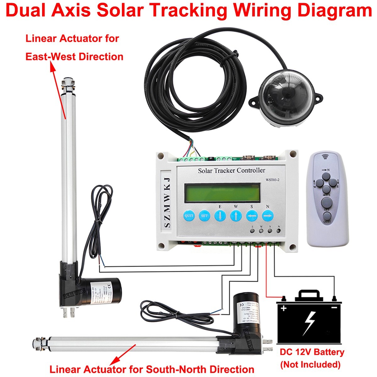 Solar Tracker Sun Track Dual Axis Kit -Controller + 2X16″ 6000N Linear Actuators