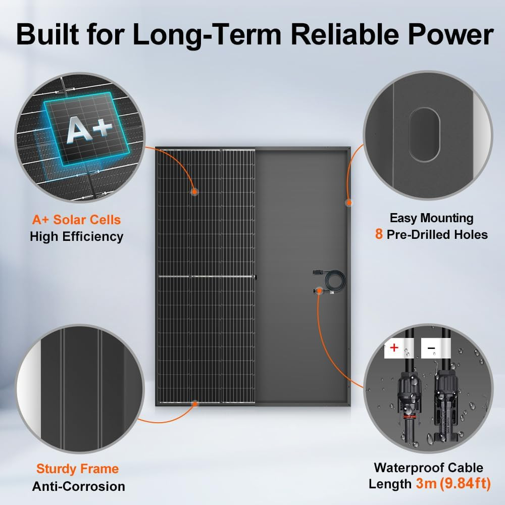 Monocrystalline Solar Panel Size 800W (2×400W) 31V for 12/24V Devices, Aluminum