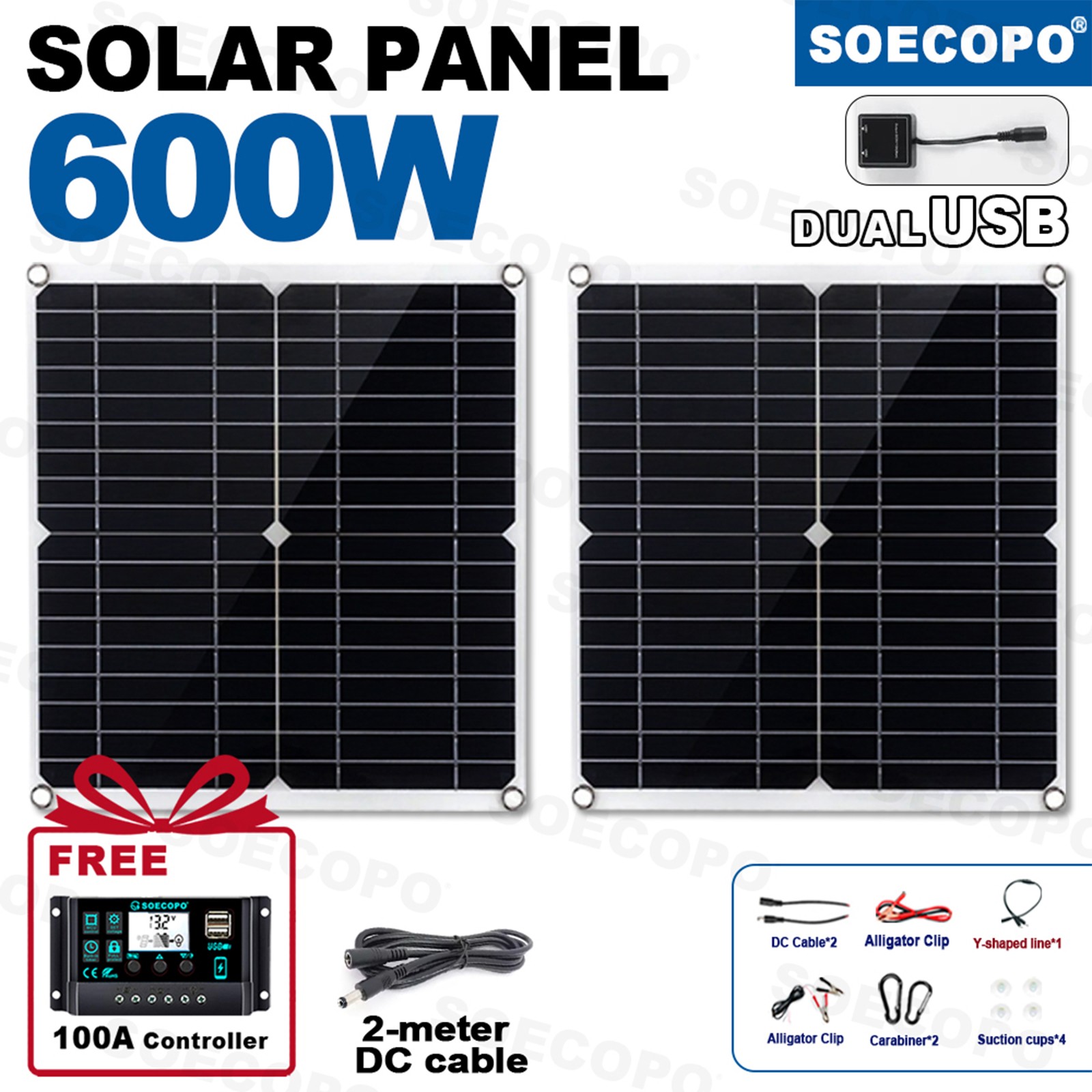 600W Dual Solar Panel Kit – 2 x 300W Portable PV Panels for RV Camping
