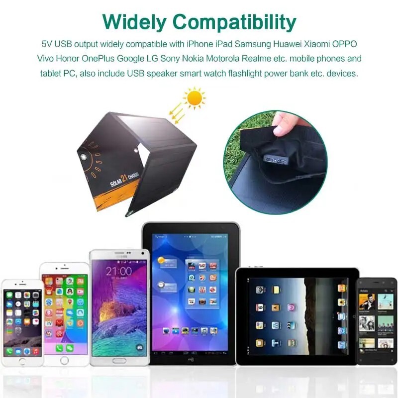 Folding Solar Panel 5V 21W Fast Dual USB Charge Power Bank For Cell Mobile Phone