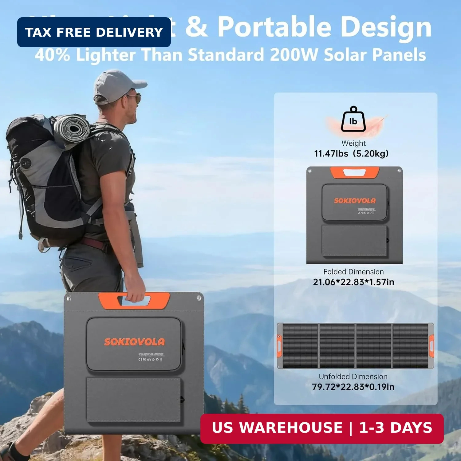 SOKIOVOLA 200W Ultra-Lightweight Portable Solar Panel for EF/Jackery/Anker Power