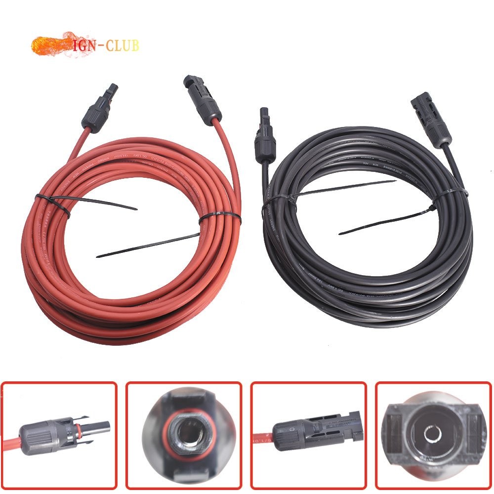 4mm²/12AWG 1 Pair Solar Panel Extension Cable Wire Connector 20ft Black+Red