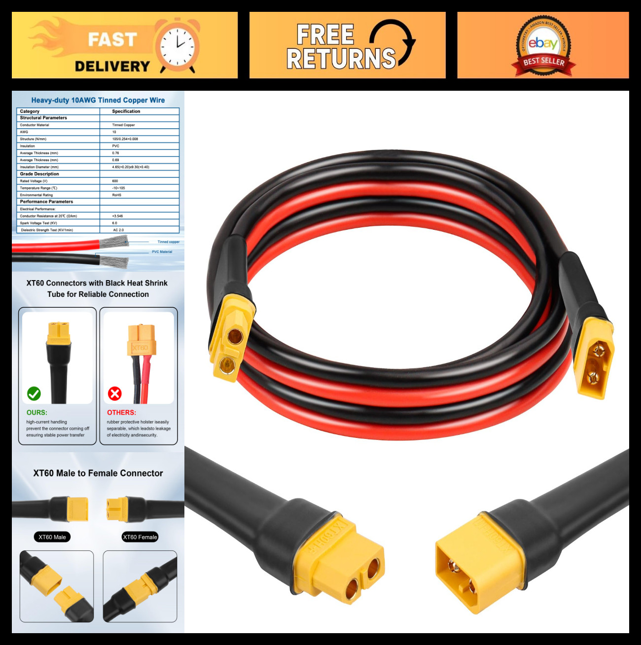 6FT XT60 Extension Cable, 10AWG Tinned Copper Wire, Heavy-Duty Power Cord for RC