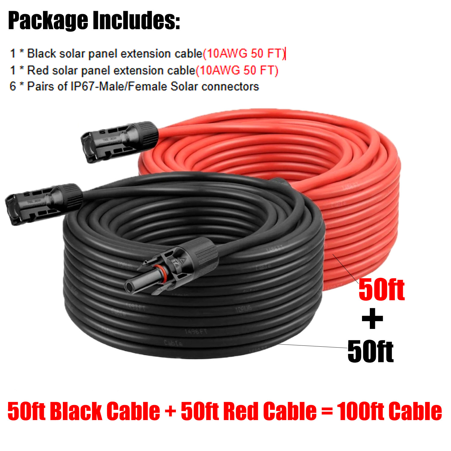100FT 10 AWG Solar Panel Extension Cable PV Wire +Pair Solar Connectors 6mm²
