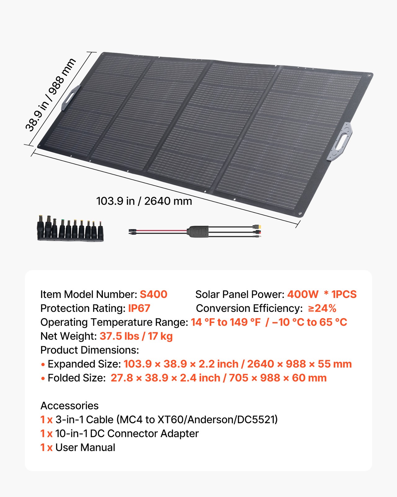 VEVOR 400W Foldable Solar Panel 24% High-Efficiency Portable Mono Solar Panel