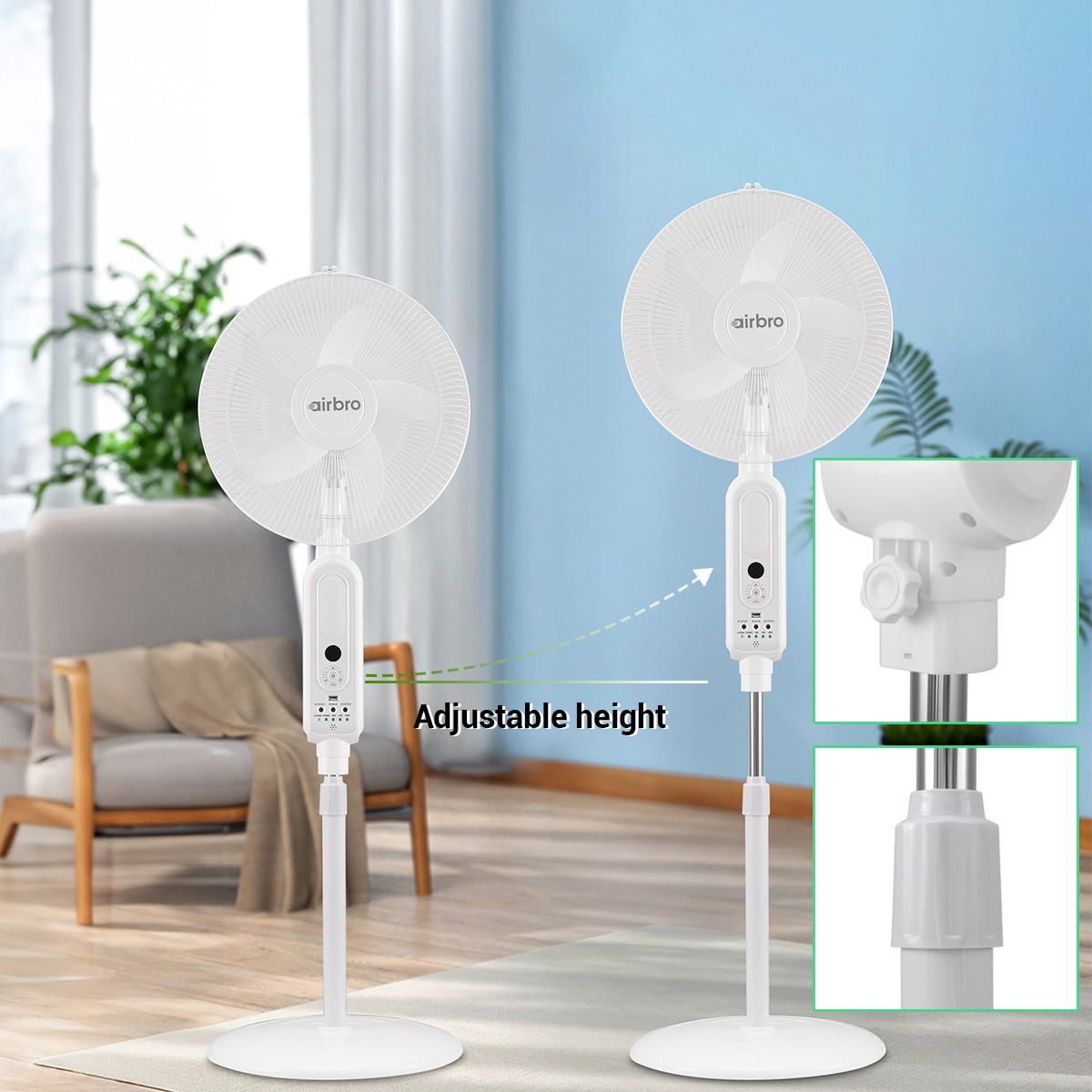 16″ Rechargeable Floor Standing Fan +2PCS LED Bulbs w/ Remote, AC & Solar Charge