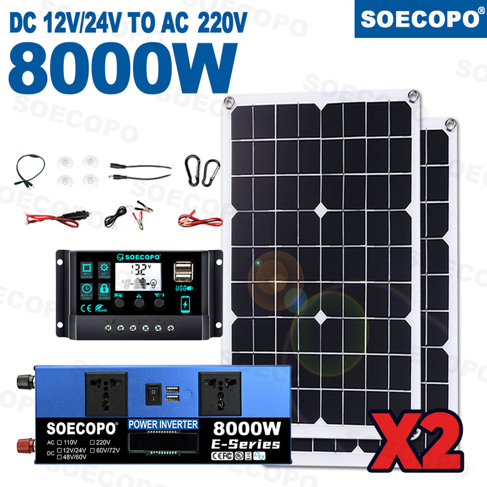 8000W Off-Grid Solar (12V/24V to 110V/220V) 2pcs Solar Panels,Charge Controlled1