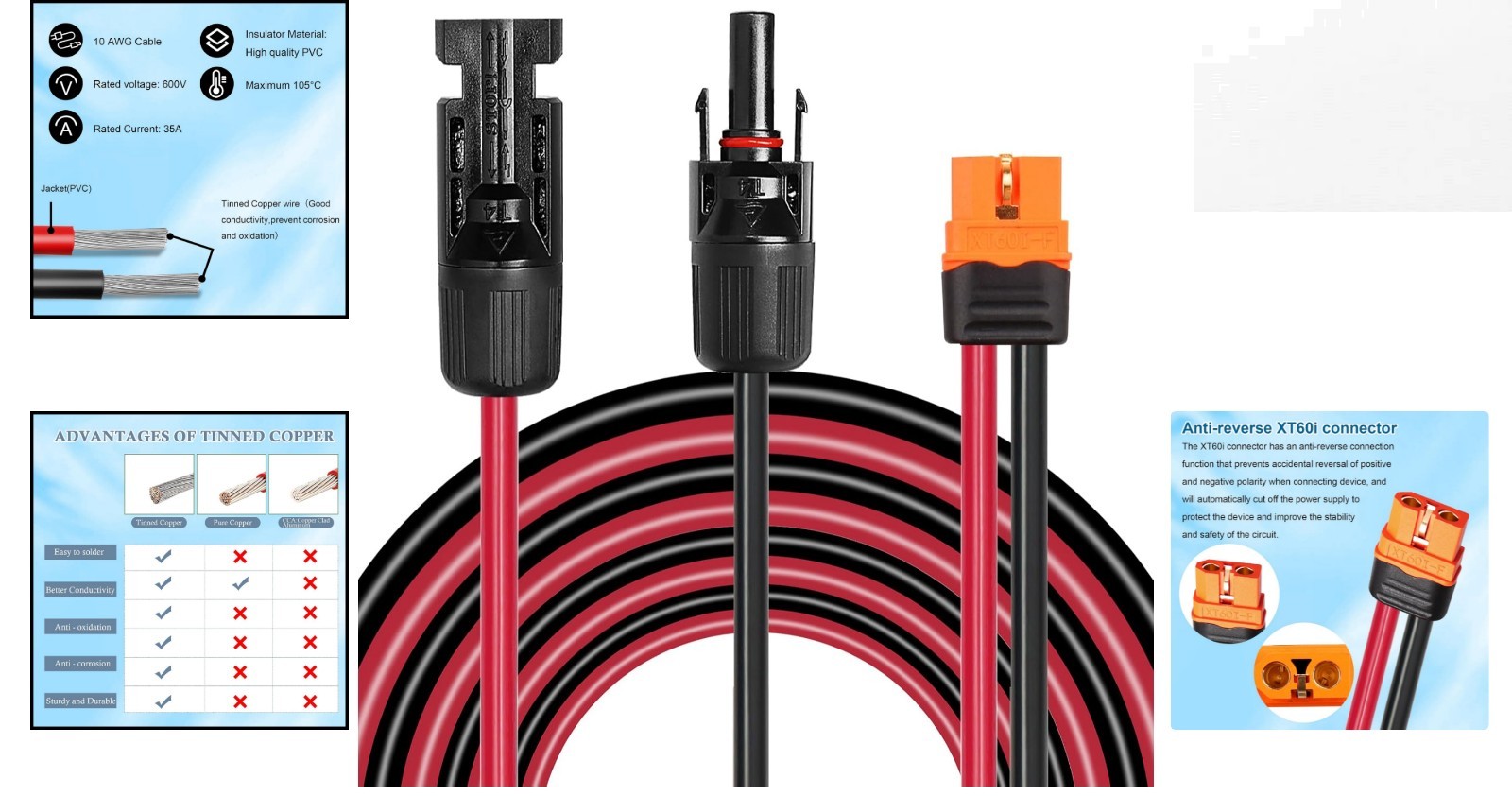 10FT 10AWG XT60i Solar Connector – Waterproof Extension Cable for Power Stations