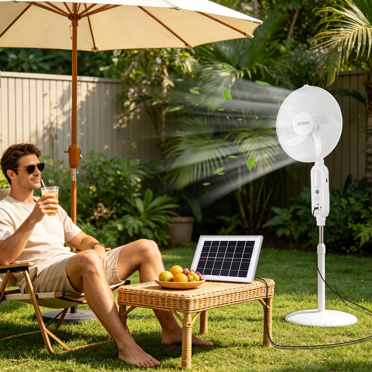 16″ Rechargeable Floor Standing Fan +2PCS LED Bulbs w/ Remote, AC & Solar Charge