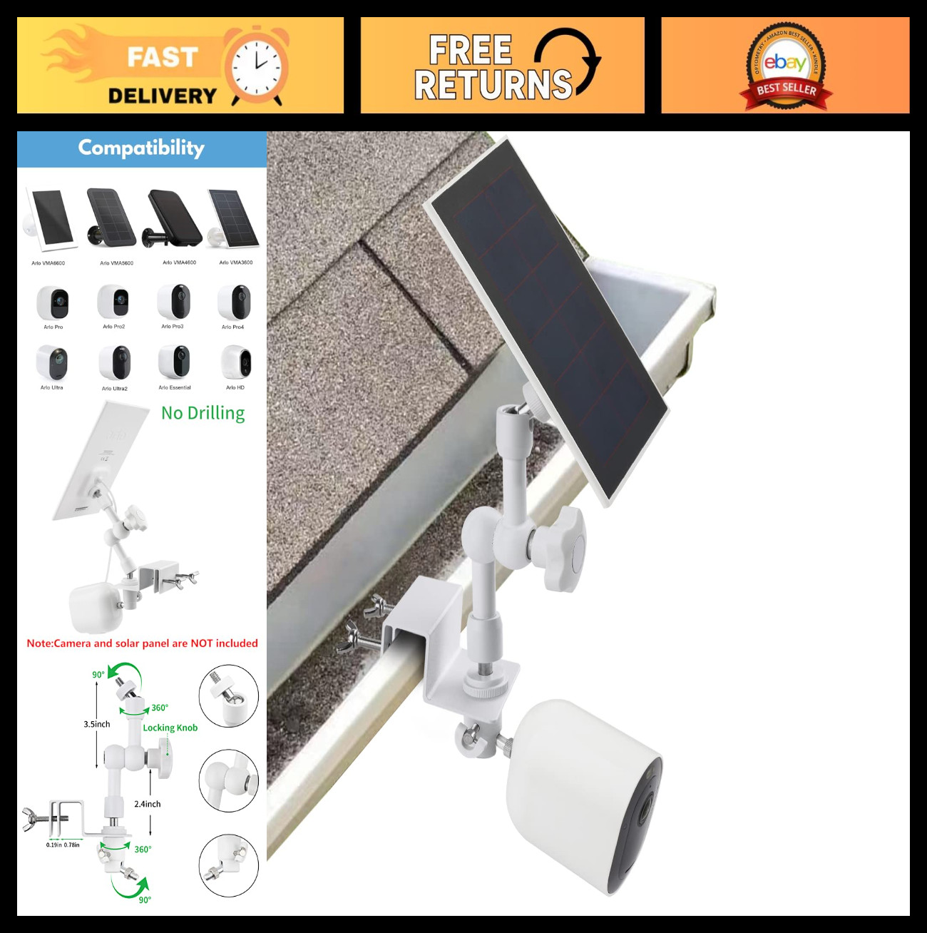 2-in-1 Weatherproof Gutter Mount for Solar Panel & Arlo Security Cameras – White