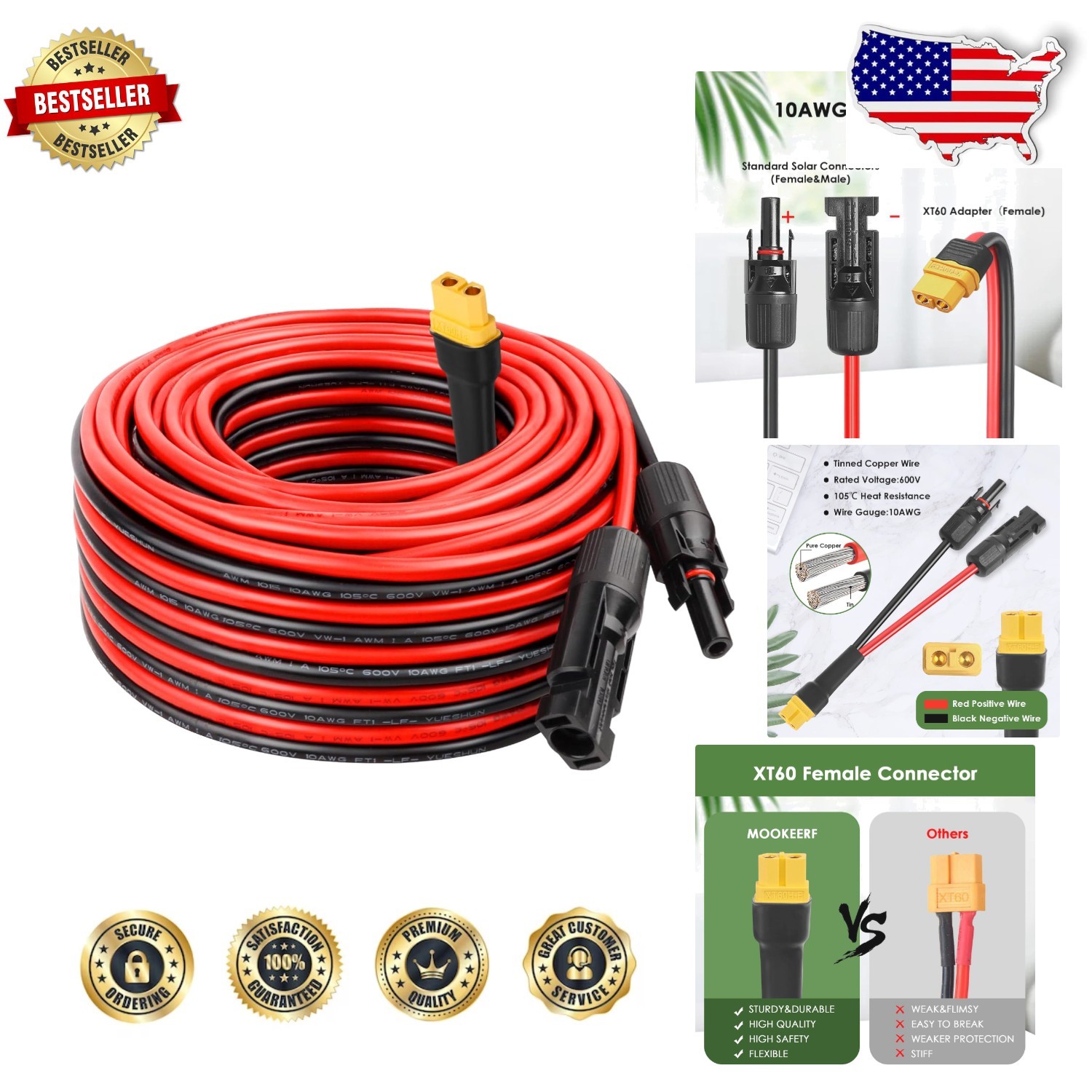 50ft Solar to XT60 Cable – 10AWG Tinned Copper, Heat Resistant, Outdoor Use