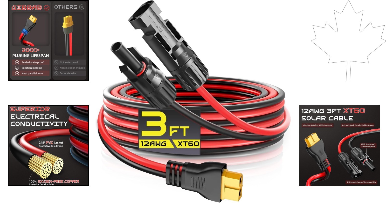 Weatherproof 3FT XT60 Solar Charging Cable with 30A Capacity & Copper Wire