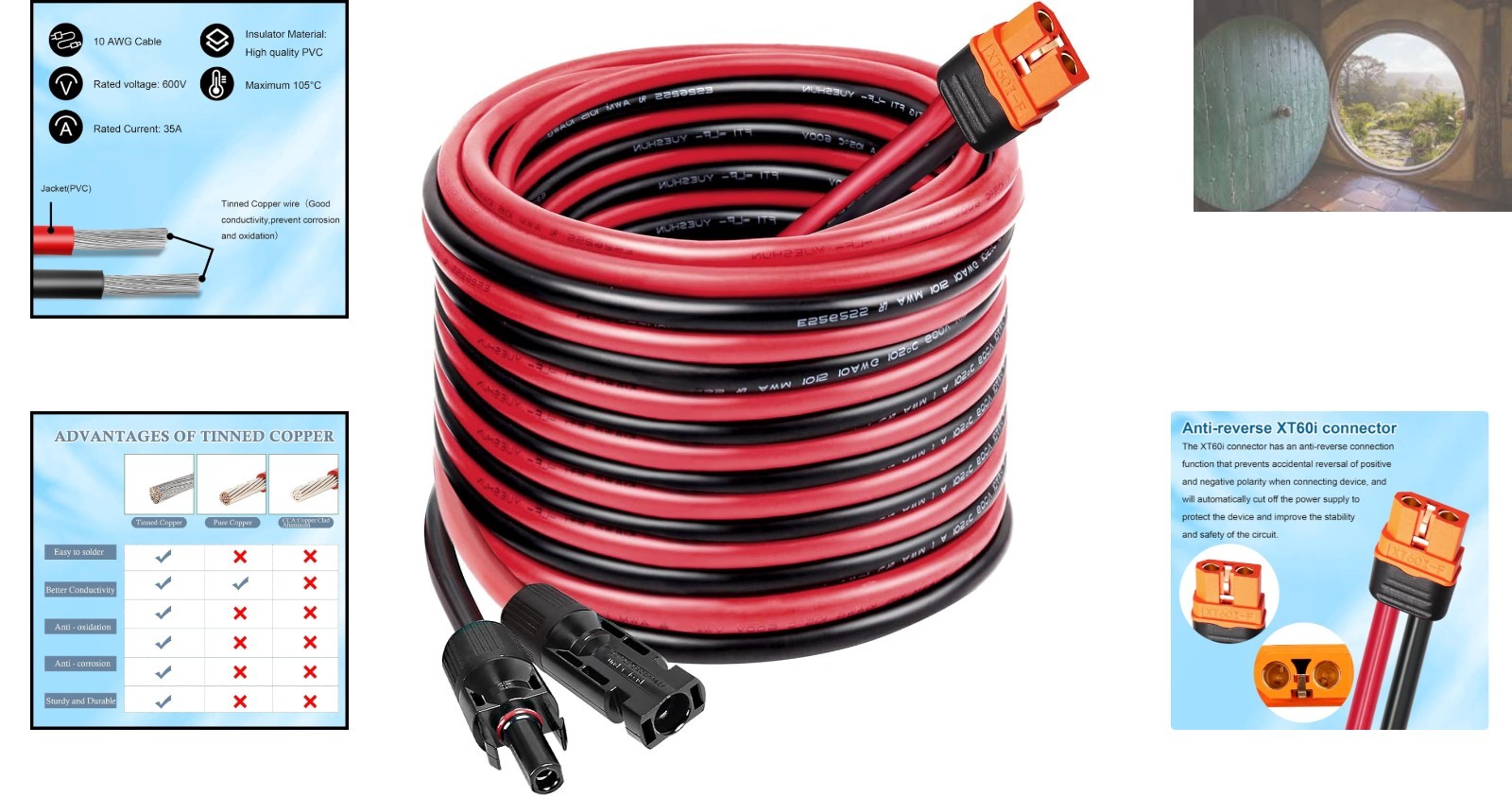 25FT 10AWG XT60i Solar Cable – Waterproof Connector for Security