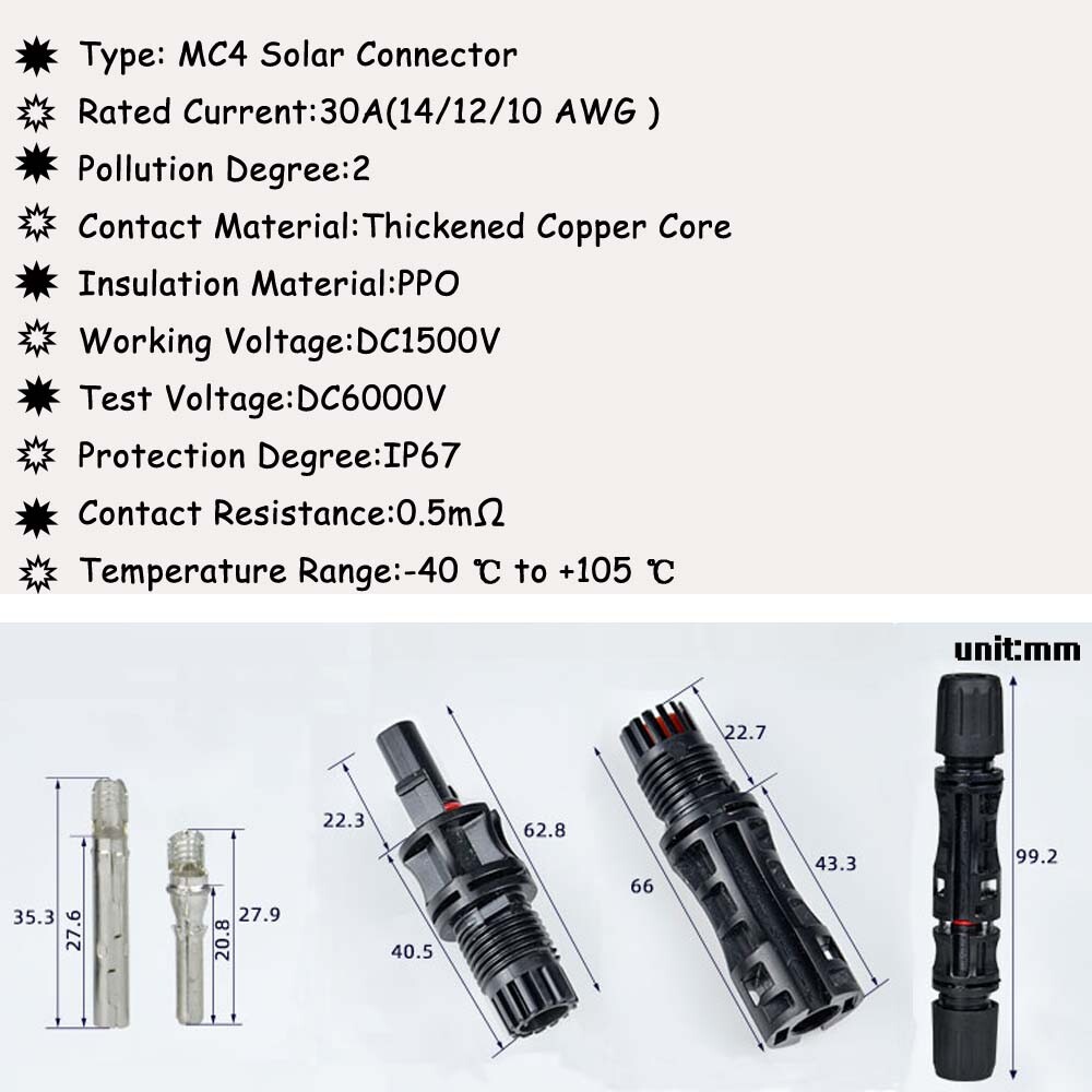 M C4 Connector Male Female Solar Panel Connector 30A 1500V PV Cable 14/12/10 AWG