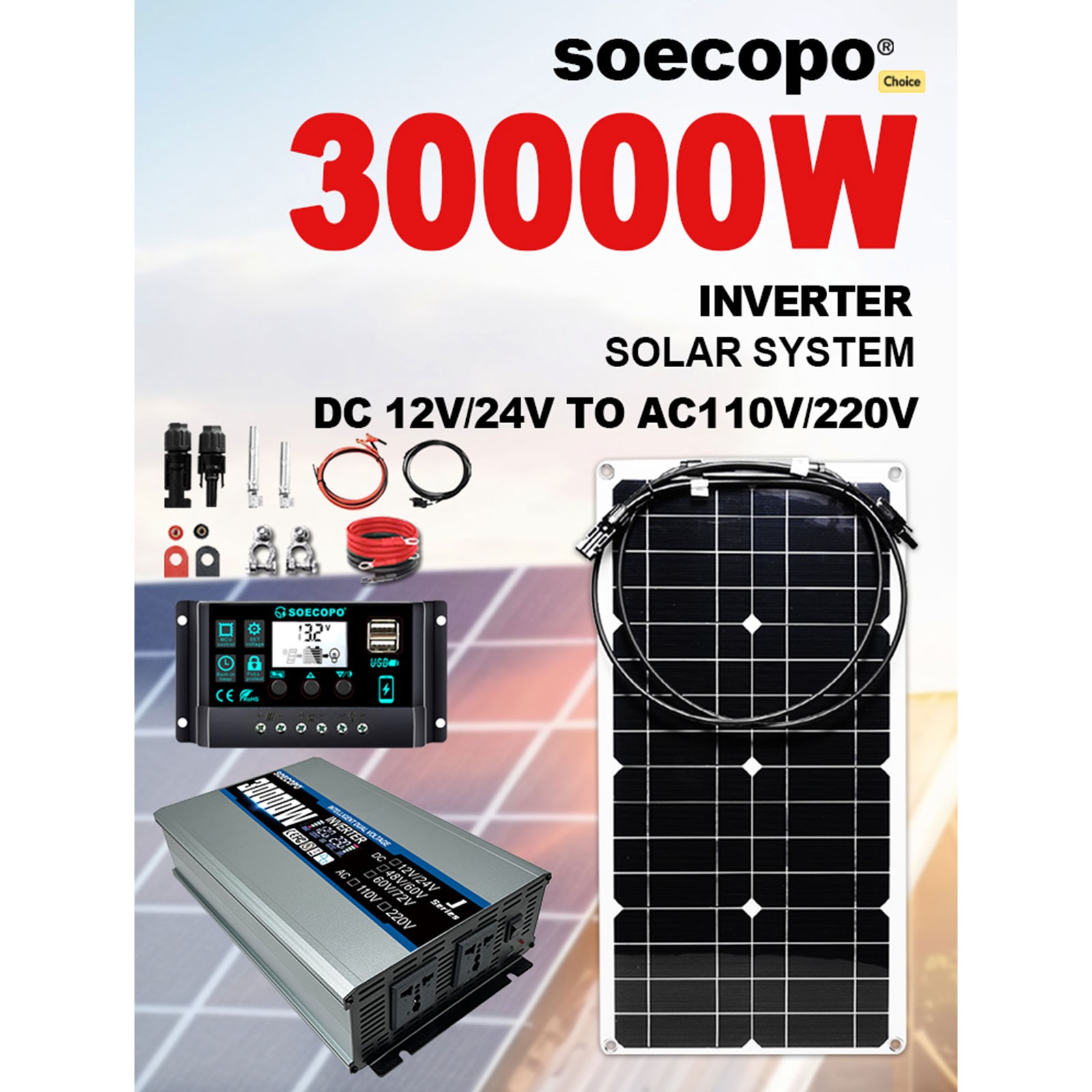 30000W Peak Solar System Kit FlexiblePanel 100A Controller 12V24V To 110V 220V