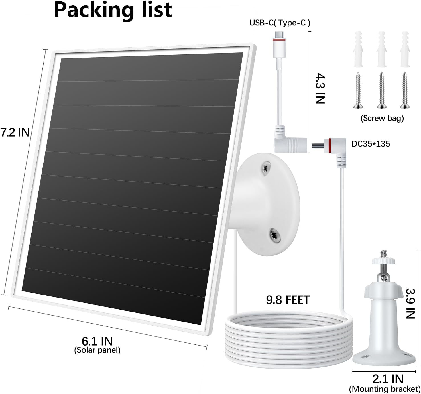 6W Solar Panel Charger for Ring Camera with 3M Cable and USB-C Adapter