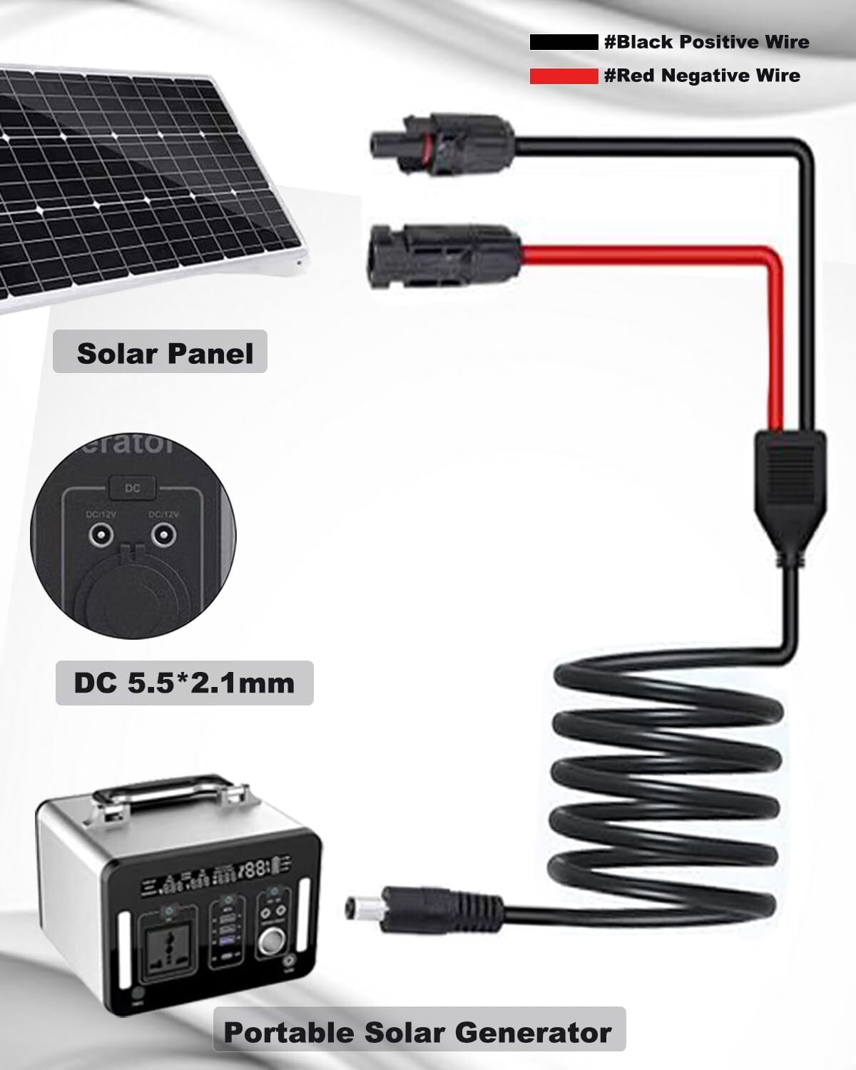 Solar Panel Adapter for Jackery, to DC 5.5×2.1mm Extension Power Cable with D…