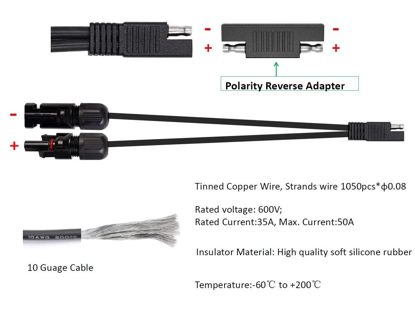Solar Panel Connectors 10AWG Compatible with MC-4 Solar Connecter to SAE Adapter