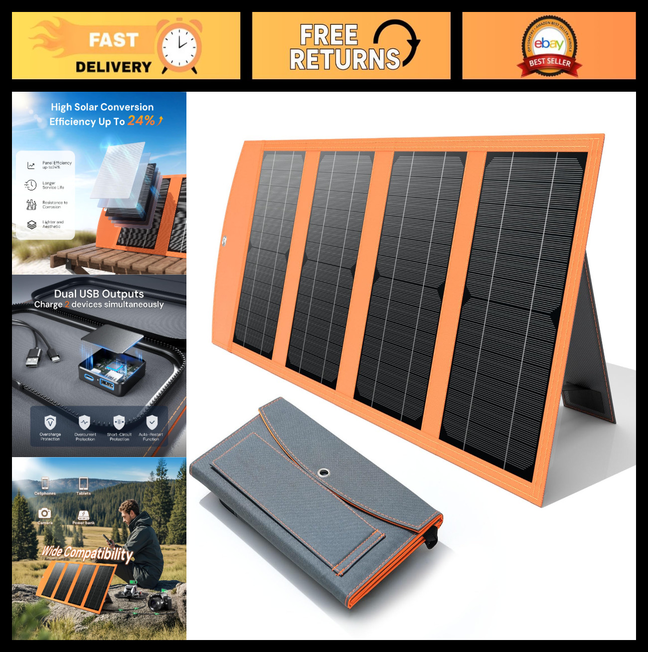 30W Portable Solar Charger, USB & Type-C Outputs, Fast Charge 2 Devices, IP67 Wa
