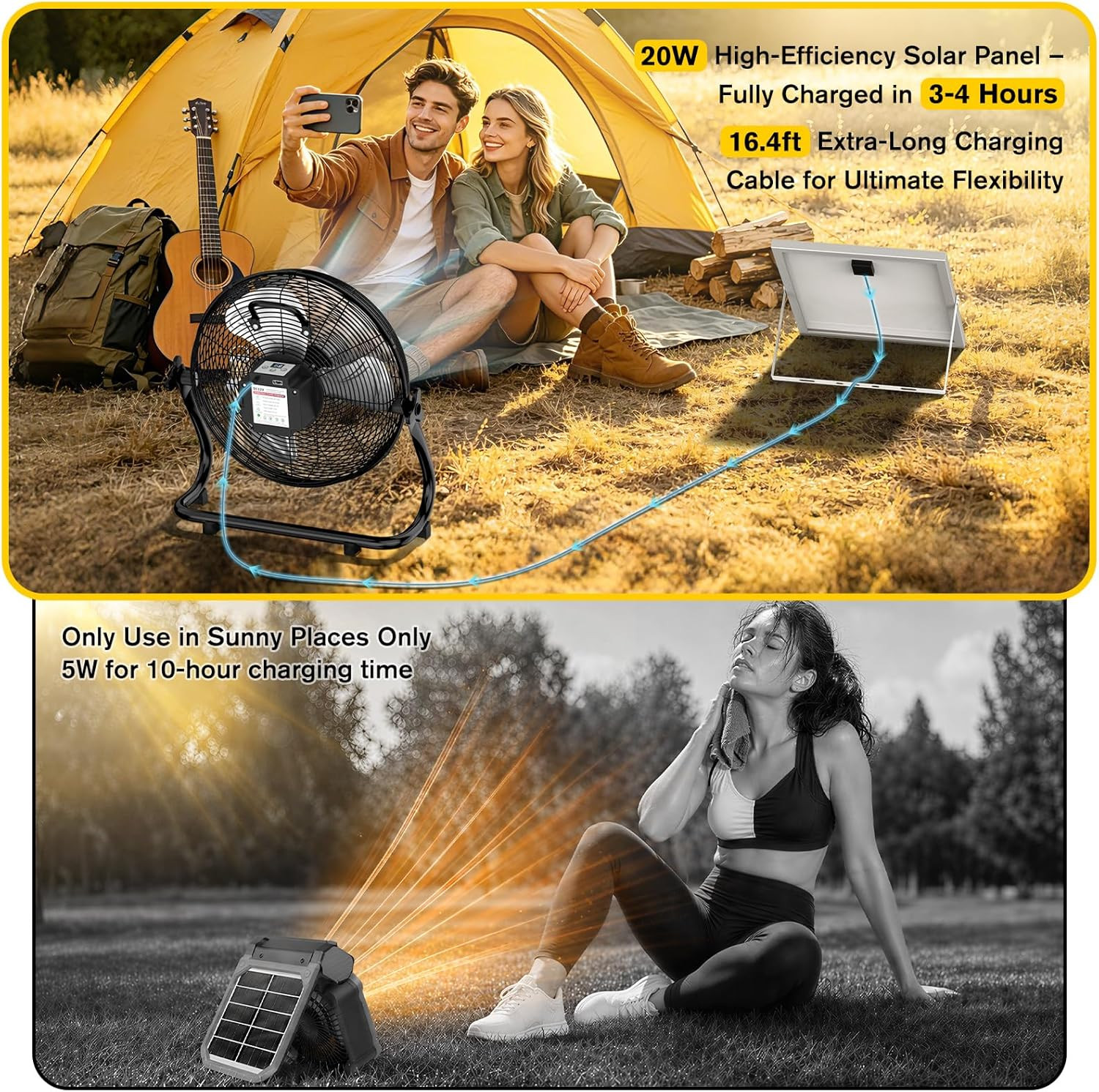 16″ Solar Powered Fan with 20W Solar Panel & Rechargeable Battery, Portable, Qui