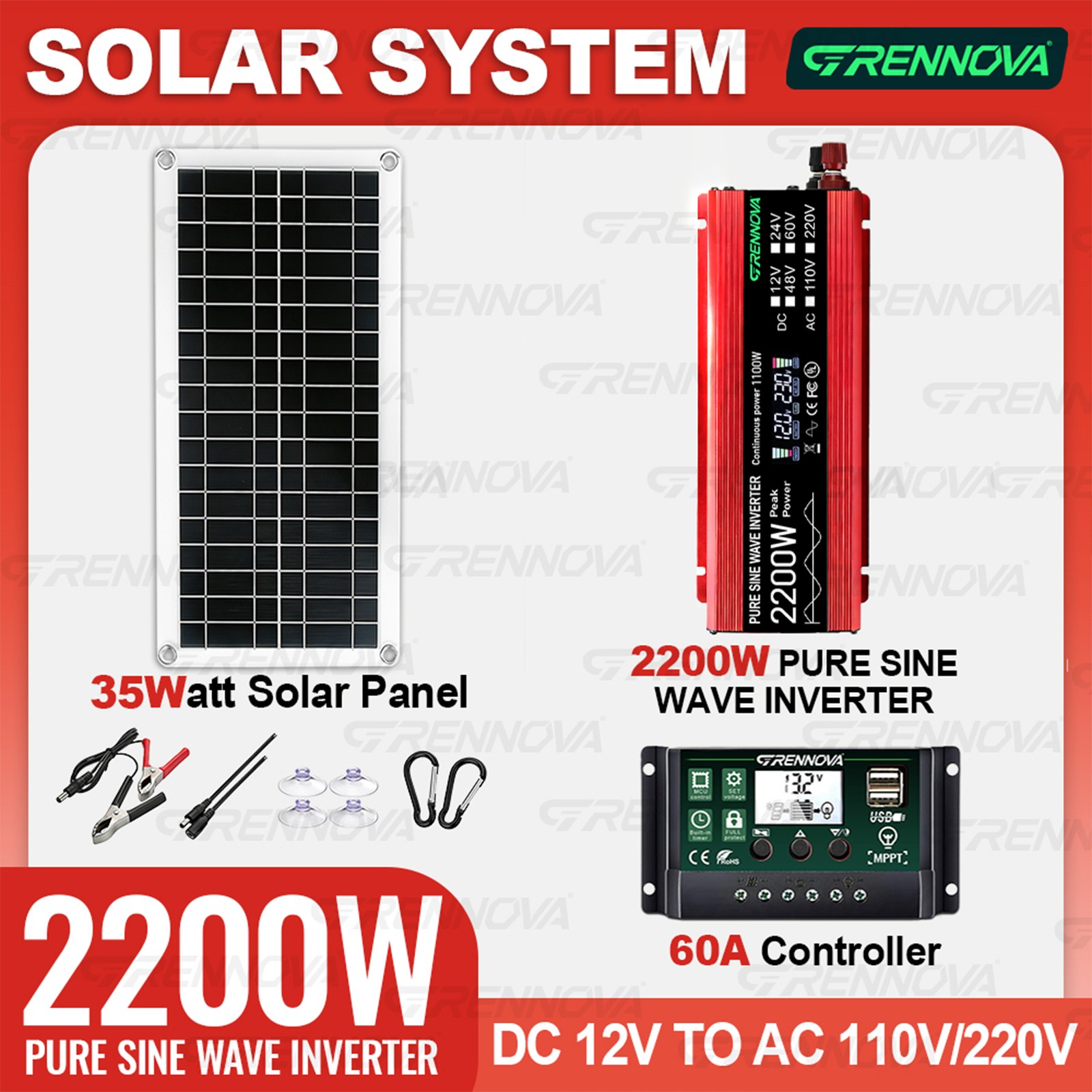 Grennova 2200W Pure Sine Off-Grid Solar Kit Dual Voltage DIY Home Backup Power