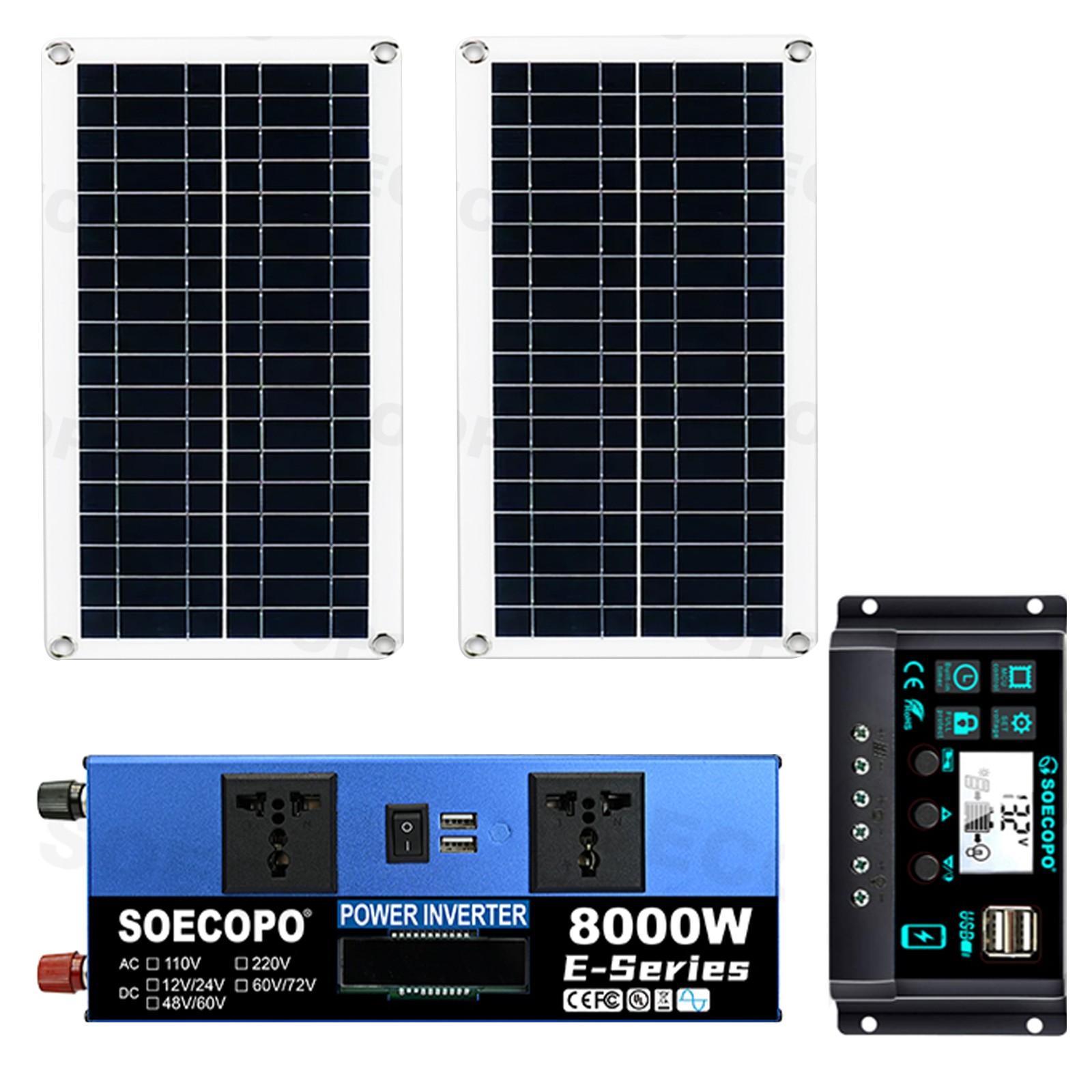 8000W Solar Power Kit Inverter, 2pcs 200W Solar Panels & 100A Controller