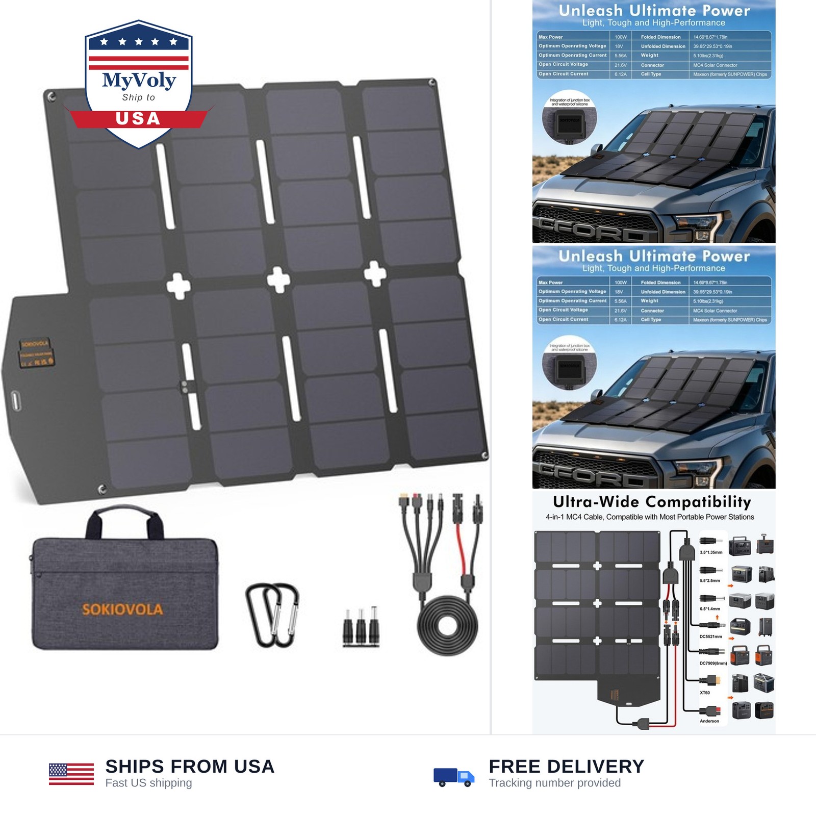 SOKIOVOLA 100W Portable Solar Panel MC-4 Foldable Solar Panel Charger Kits 18…